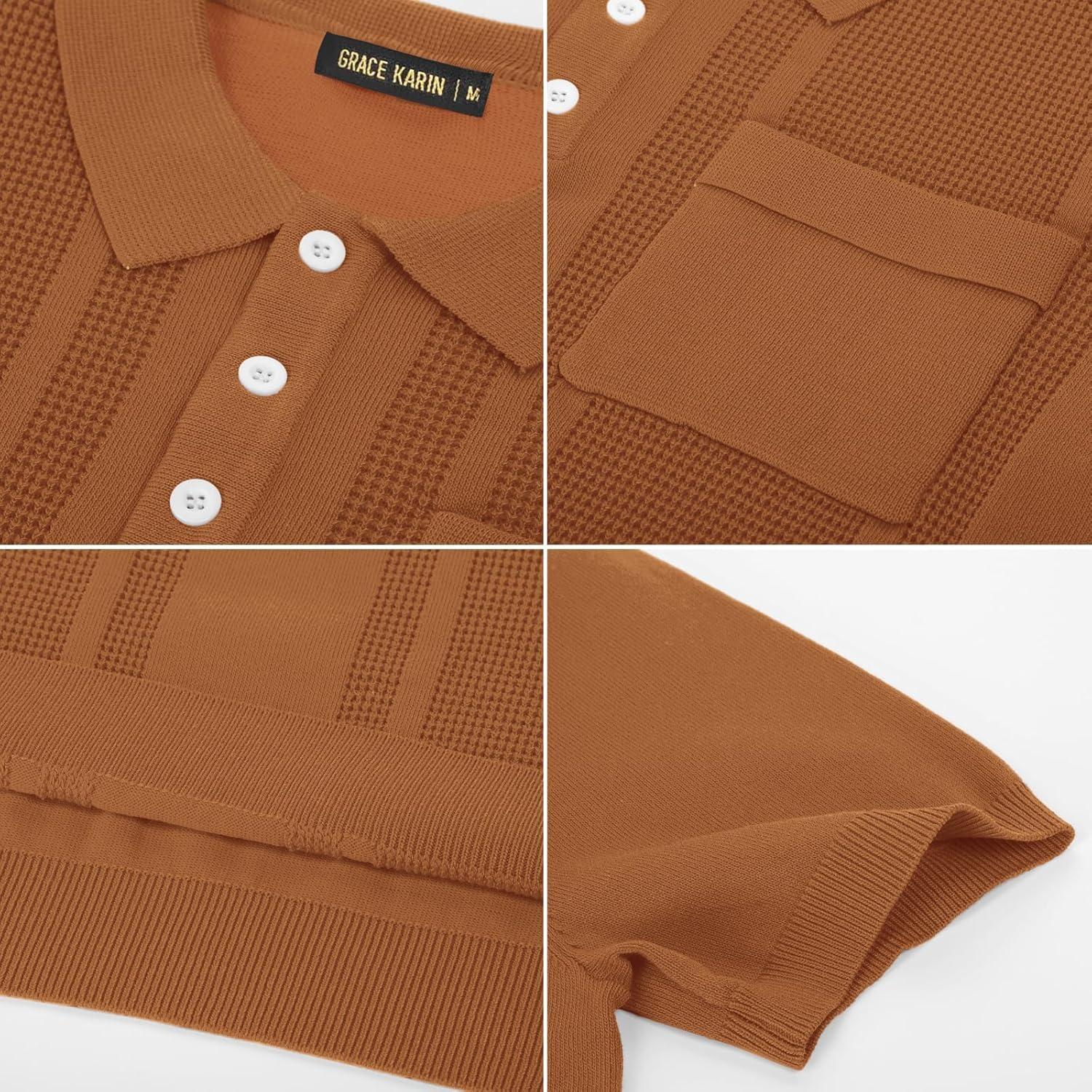 imageGRACE KARIN Mens Breathable Polo Shirts Short Sleeve Lightweight Knit Texture Golf Shirts KnitwearRed Coffee