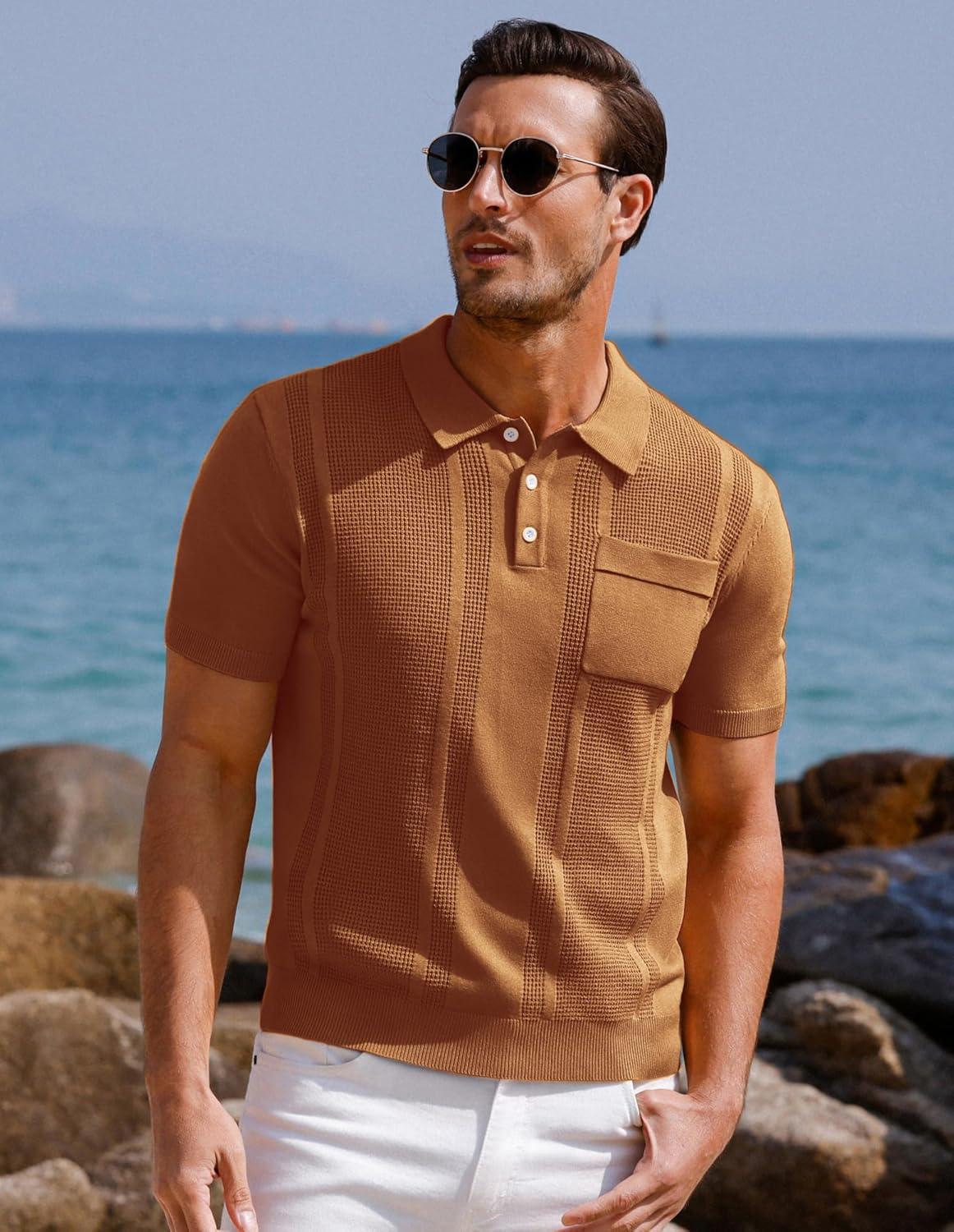 imageGRACE KARIN Mens Breathable Polo Shirts Short Sleeve Lightweight Knit Texture Golf Shirts KnitwearRed Coffee