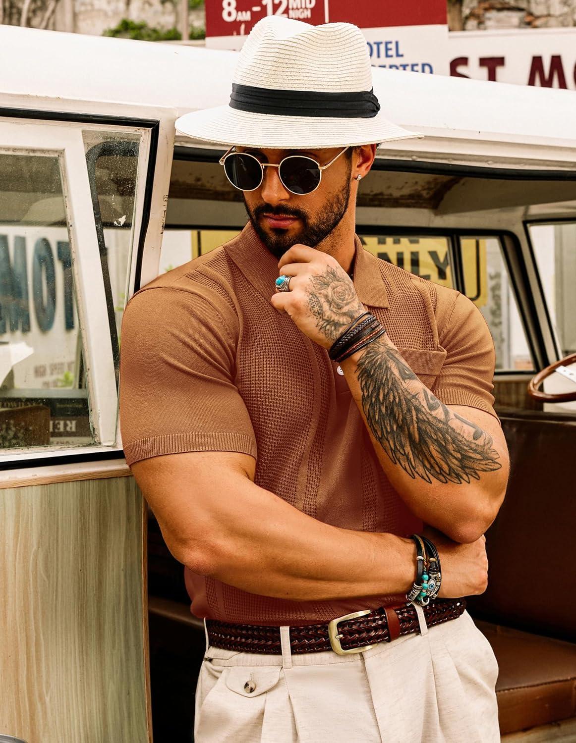 imageGRACE KARIN Mens Breathable Polo Shirts Short Sleeve Lightweight Knit Texture Golf Shirts KnitwearRed Coffee