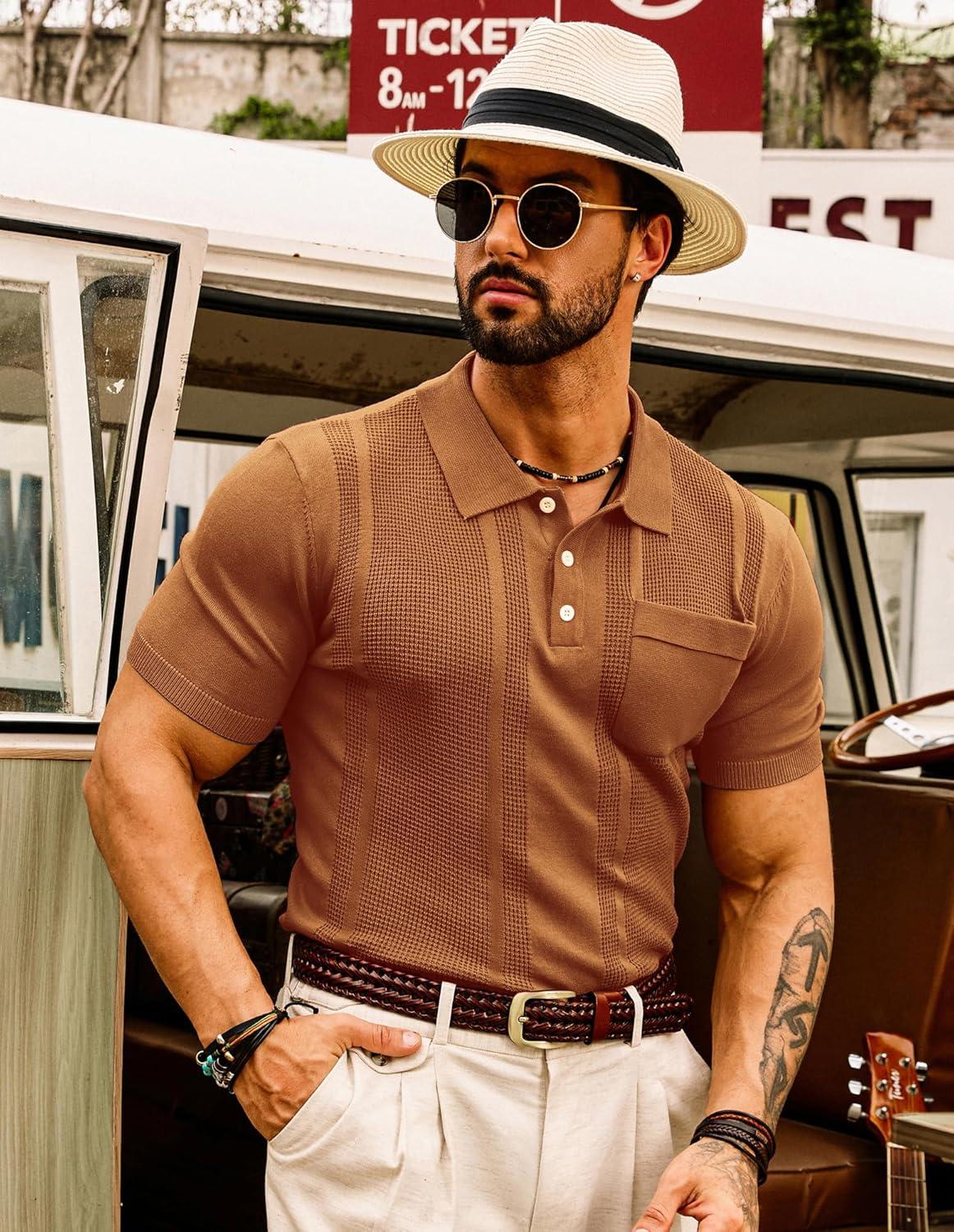 imageGRACE KARIN Mens Breathable Polo Shirts Short Sleeve Lightweight Knit Texture Golf Shirts KnitwearRed Coffee