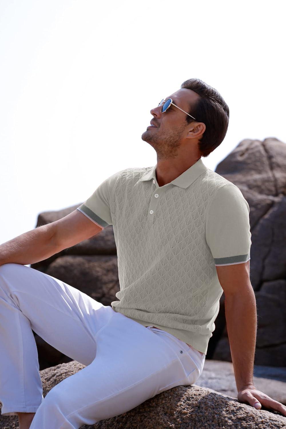imageGRACE KARIN Mens Breathable Polo Shirts Short Sleeve Lightweight Knit Texture Golf Shirts KnitwearSilver Grey