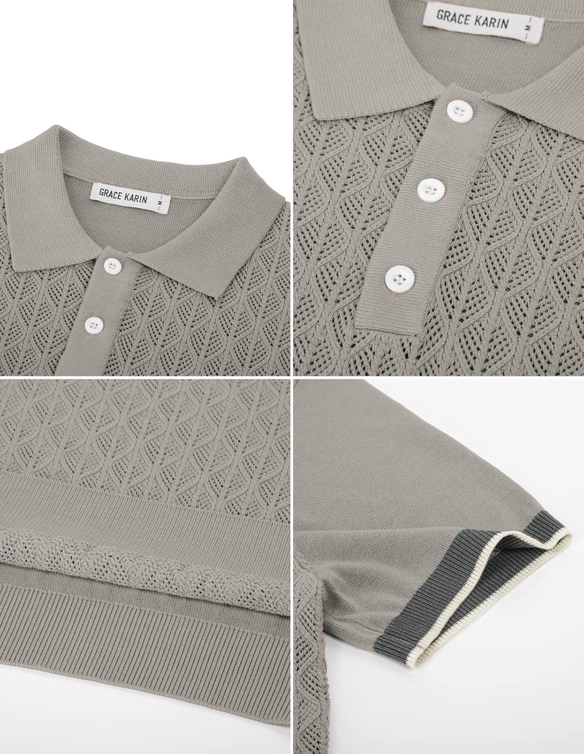 imageGRACE KARIN Mens Breathable Polo Shirts Short Sleeve Lightweight Knit Texture Golf Shirts KnitwearSilver Grey