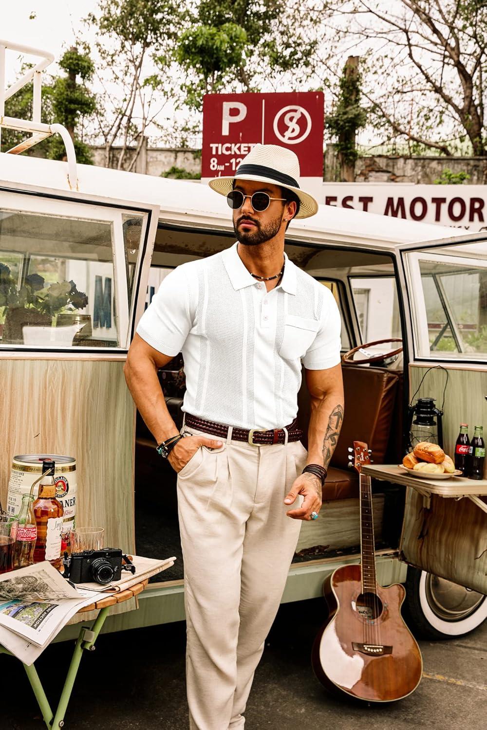 imageGRACE KARIN Mens Breathable Polo Shirts Short Sleeve Lightweight Knit Texture Golf Shirts KnitwearWhite