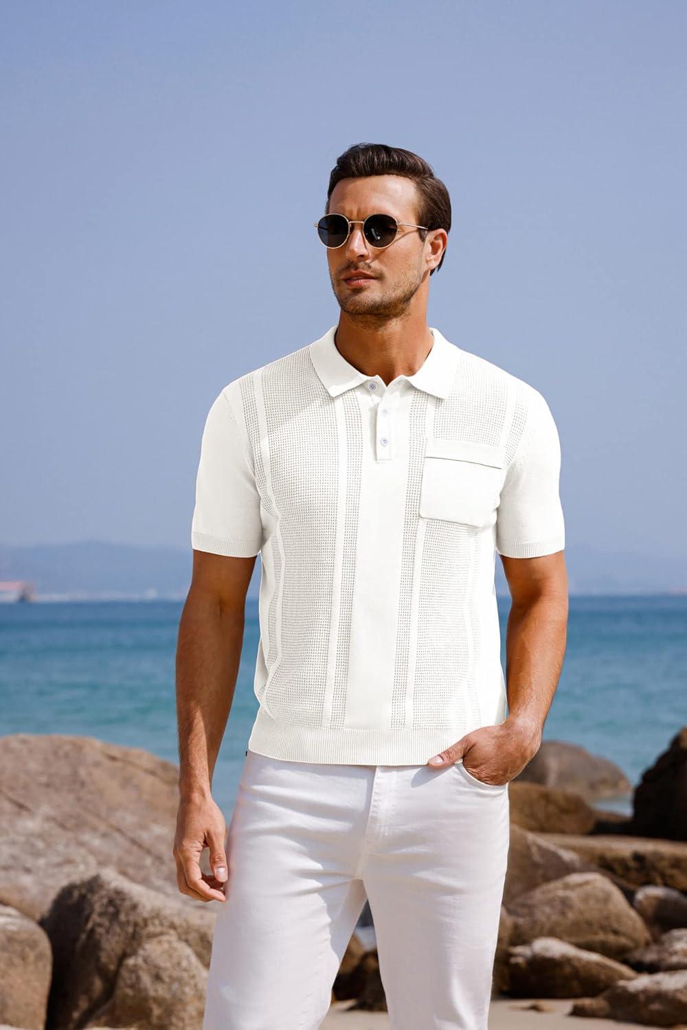 imageGRACE KARIN Mens Breathable Polo Shirts Short Sleeve Lightweight Knit Texture Golf Shirts KnitwearWhite
