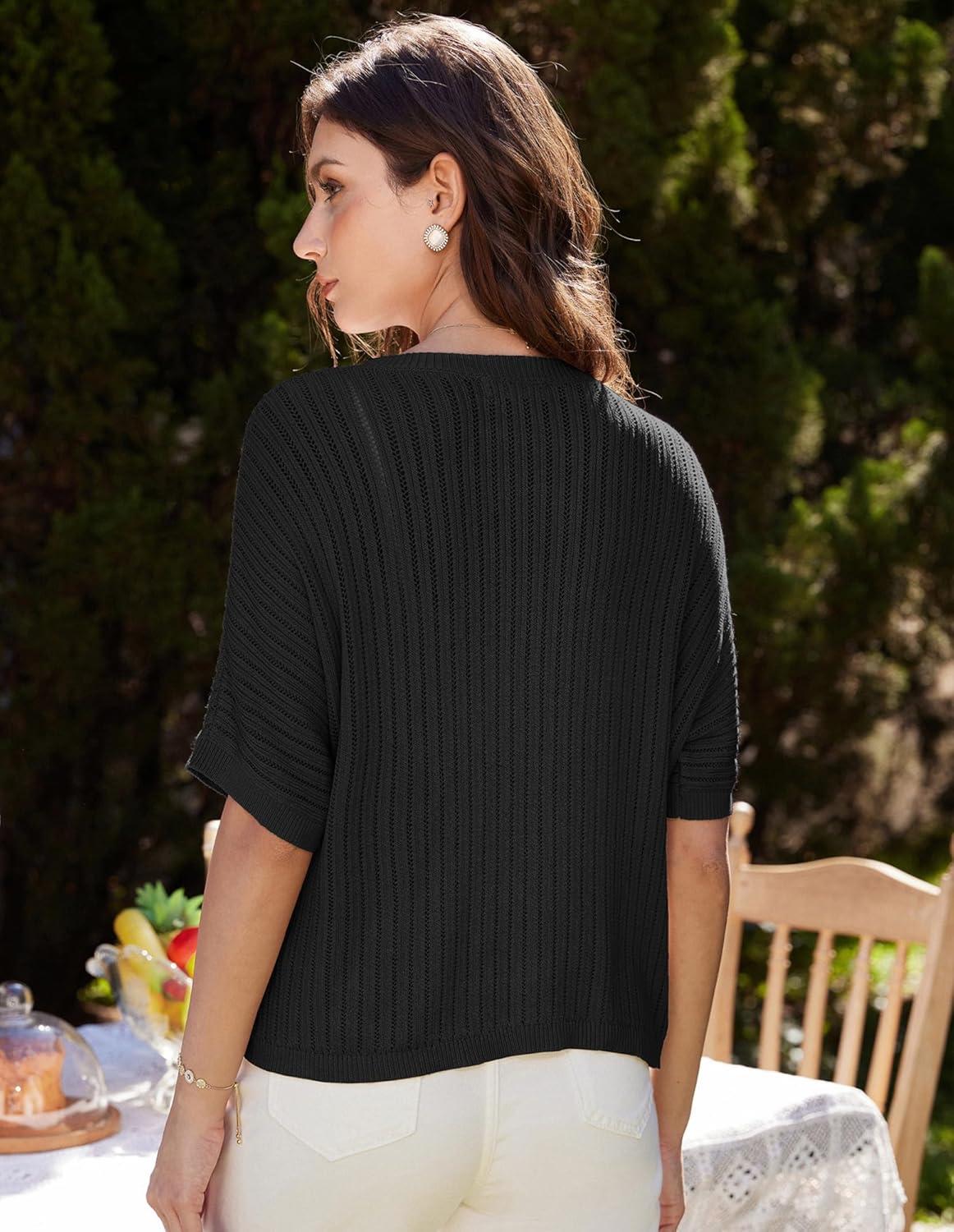 imageGRACE KARIN Open Front Cropped Cardigan Sweaters for Women Lightweight Short Sleeve Knitted Bolero Shrugs for DressesBlack