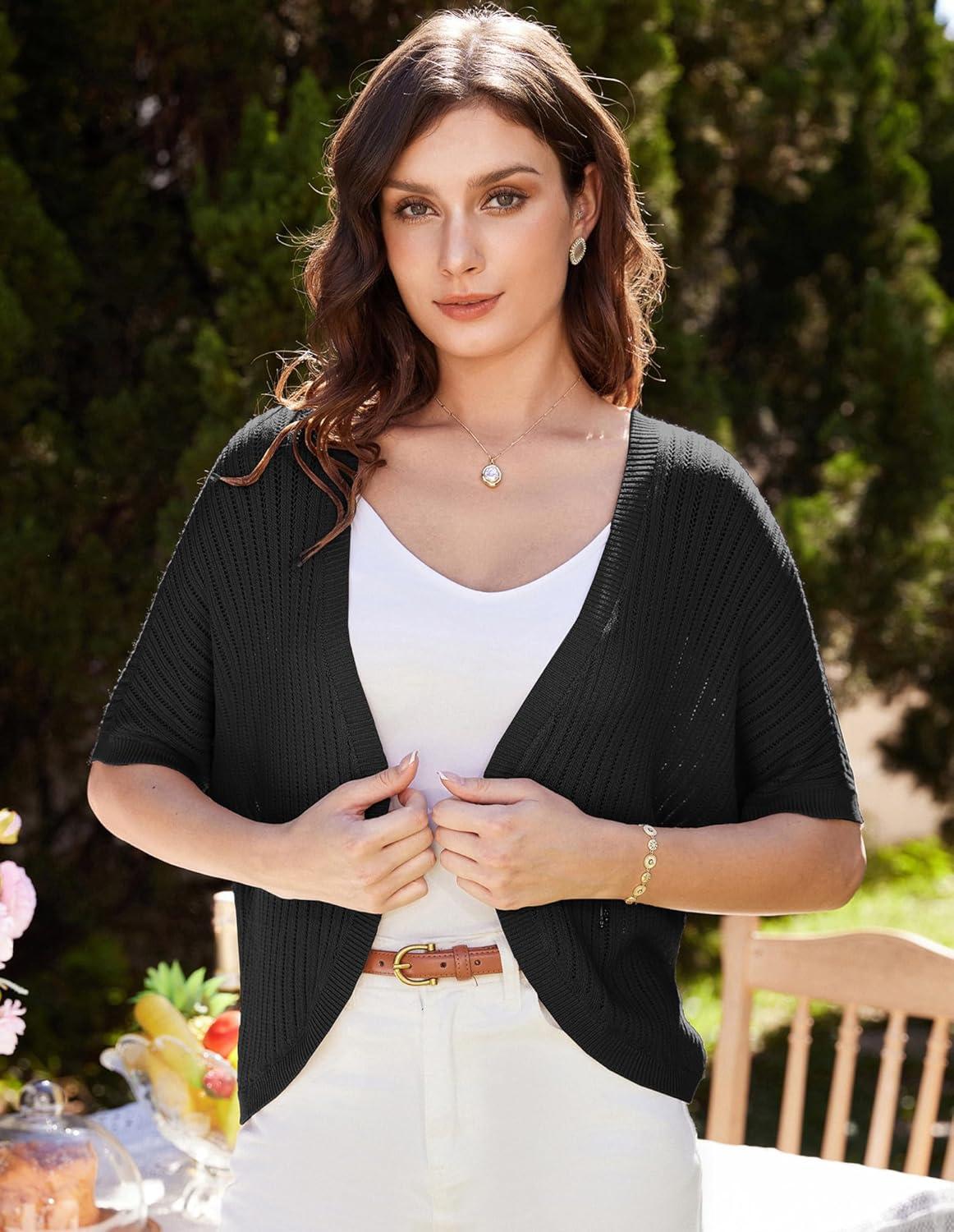imageGRACE KARIN Open Front Cropped Cardigan Sweaters for Women Lightweight Short Sleeve Knitted Bolero Shrugs for DressesBlack