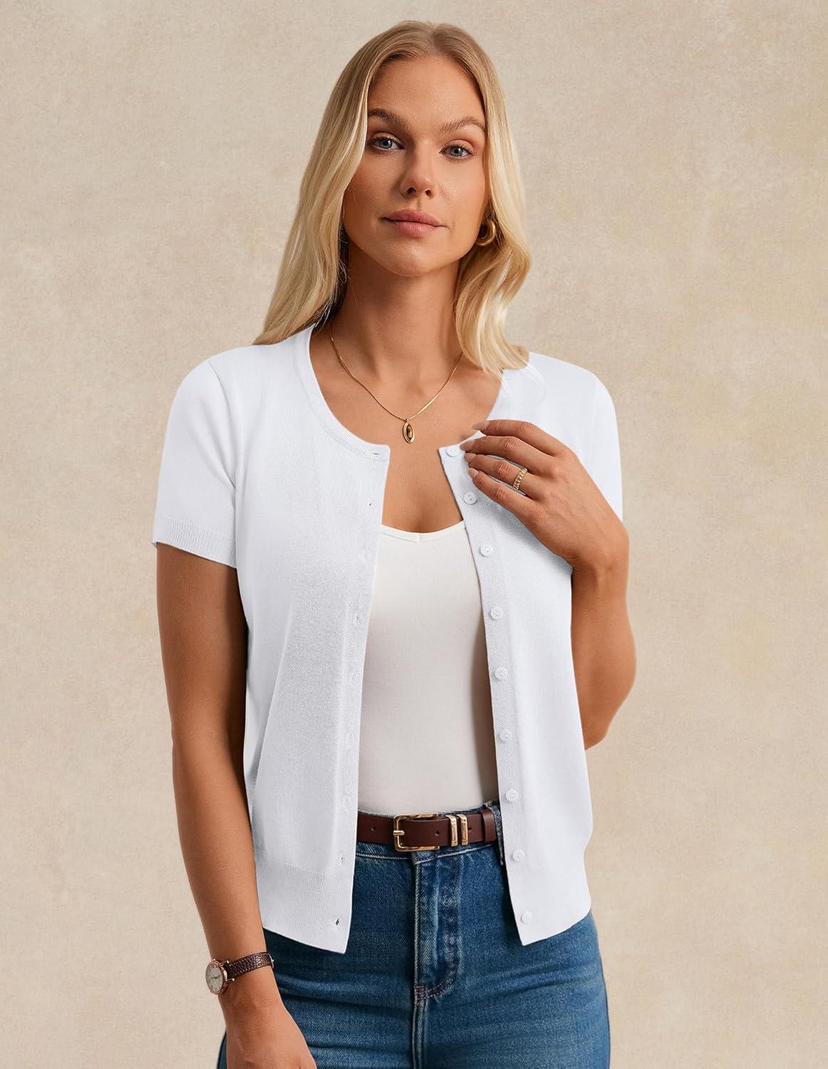 imageGRACE KARIN Short Sleeve Cardigans for Women 2026 Summer Knitted Sweater Tops Basic Crew Neck Crop OutfitsBright White