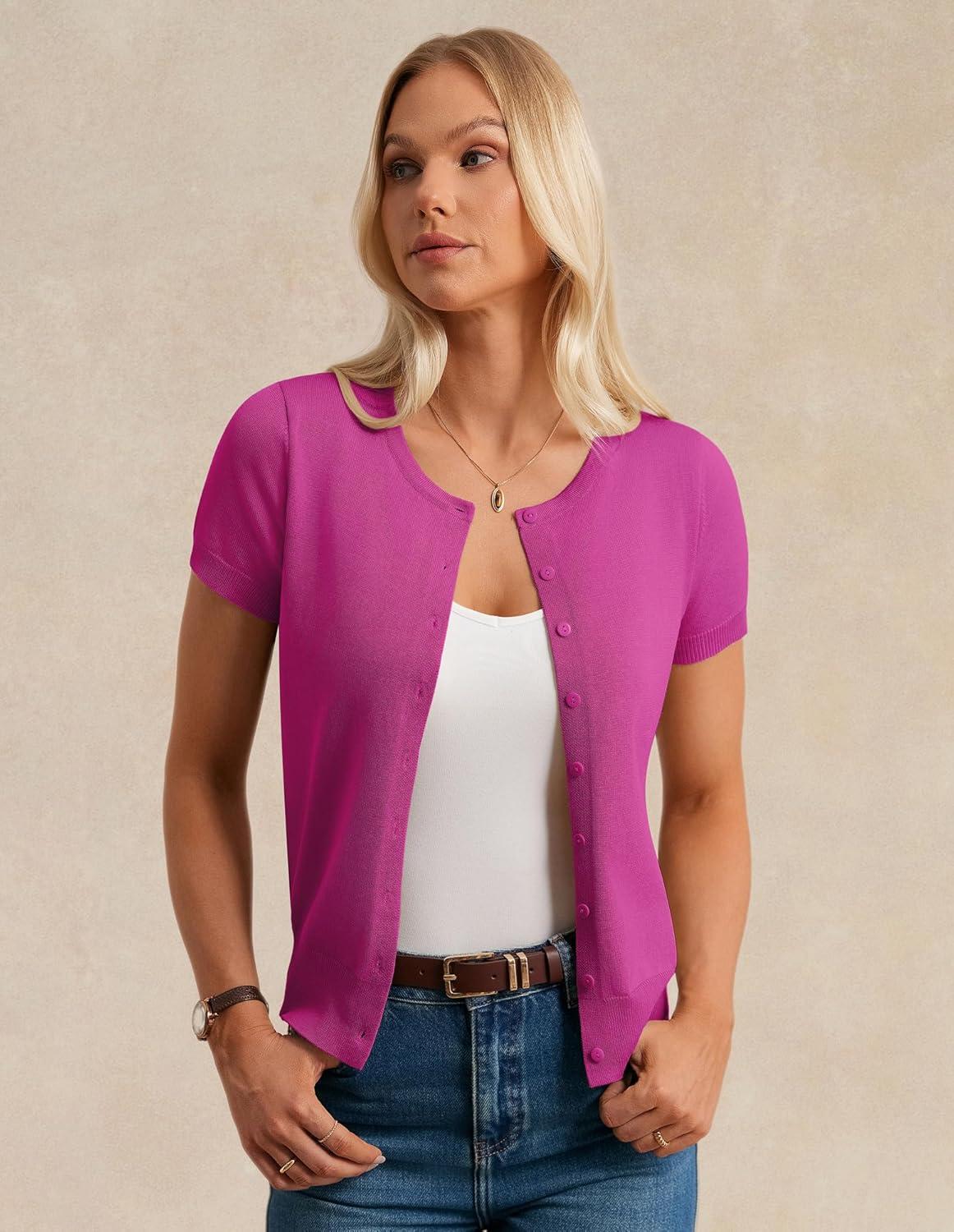 imageGRACE KARIN Short Sleeve Cardigans for Women 2026 Summer Knitted Sweater Tops Basic Crew Neck Crop OutfitsHot Pink