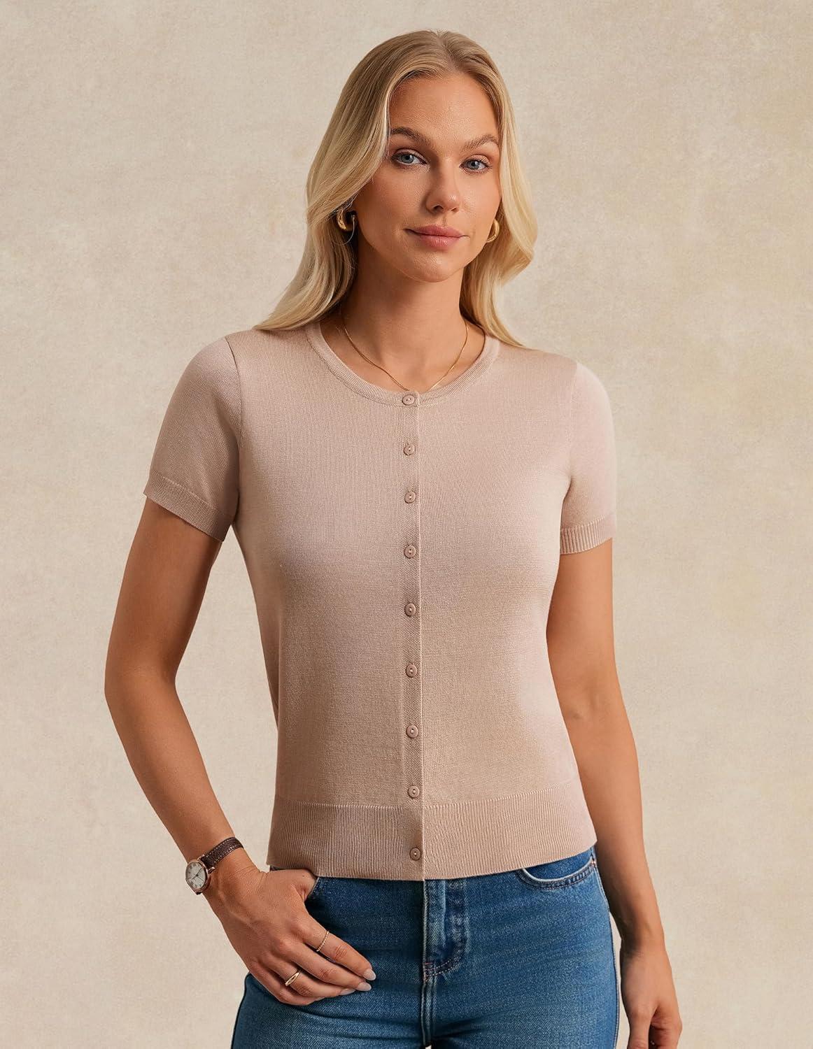 imageGRACE KARIN Short Sleeve Cardigans for Women 2026 Summer Knitted Sweater Tops Basic Crew Neck Crop OutfitsKhaki