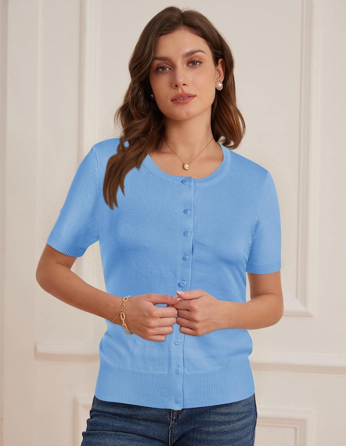 imageGRACE KARIN Short Sleeve Cardigans for Women 2026 Summer Knitted Sweater Tops Basic Crew Neck Crop OutfitsLight Blue