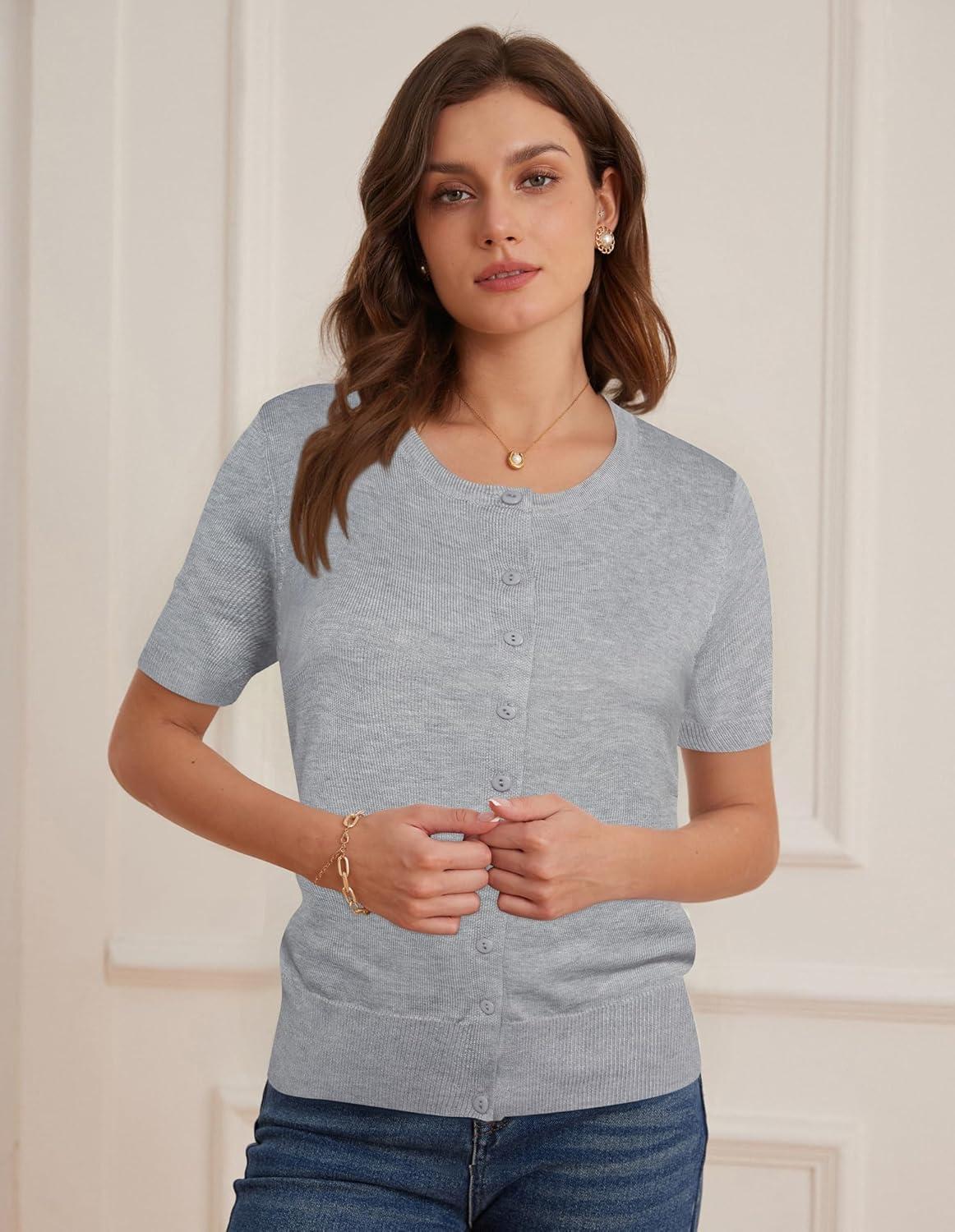 imageGRACE KARIN Short Sleeve Cardigans for Women 2026 Summer Knitted Sweater Tops Basic Crew Neck Crop OutfitsLight Gray