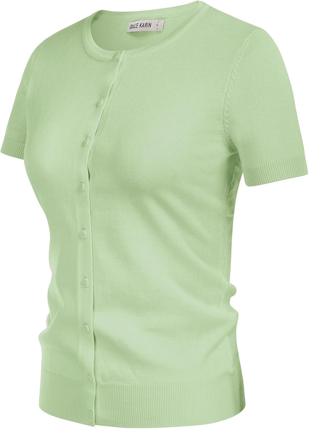 imageGRACE KARIN Short Sleeve Cardigans for Women 2026 Summer Knitted Sweater Tops Basic Crew Neck Crop OutfitsLight Green