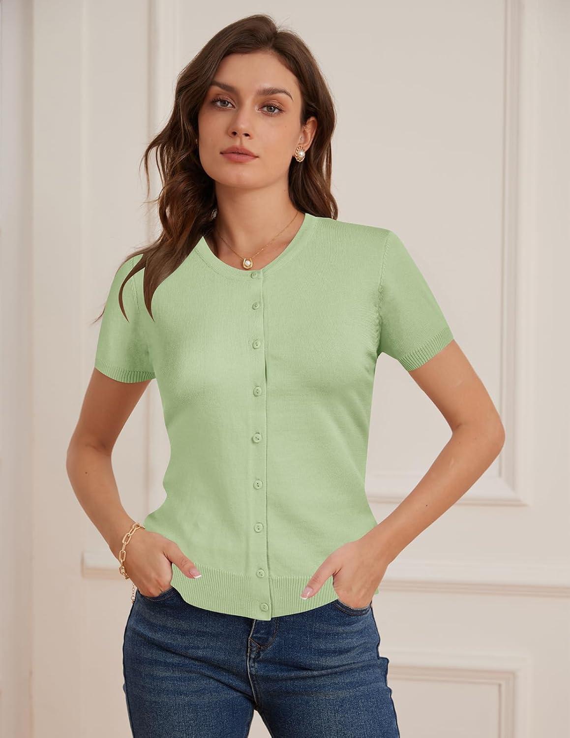 imageGRACE KARIN Short Sleeve Cardigans for Women 2026 Summer Knitted Sweater Tops Basic Crew Neck Crop OutfitsLight Green