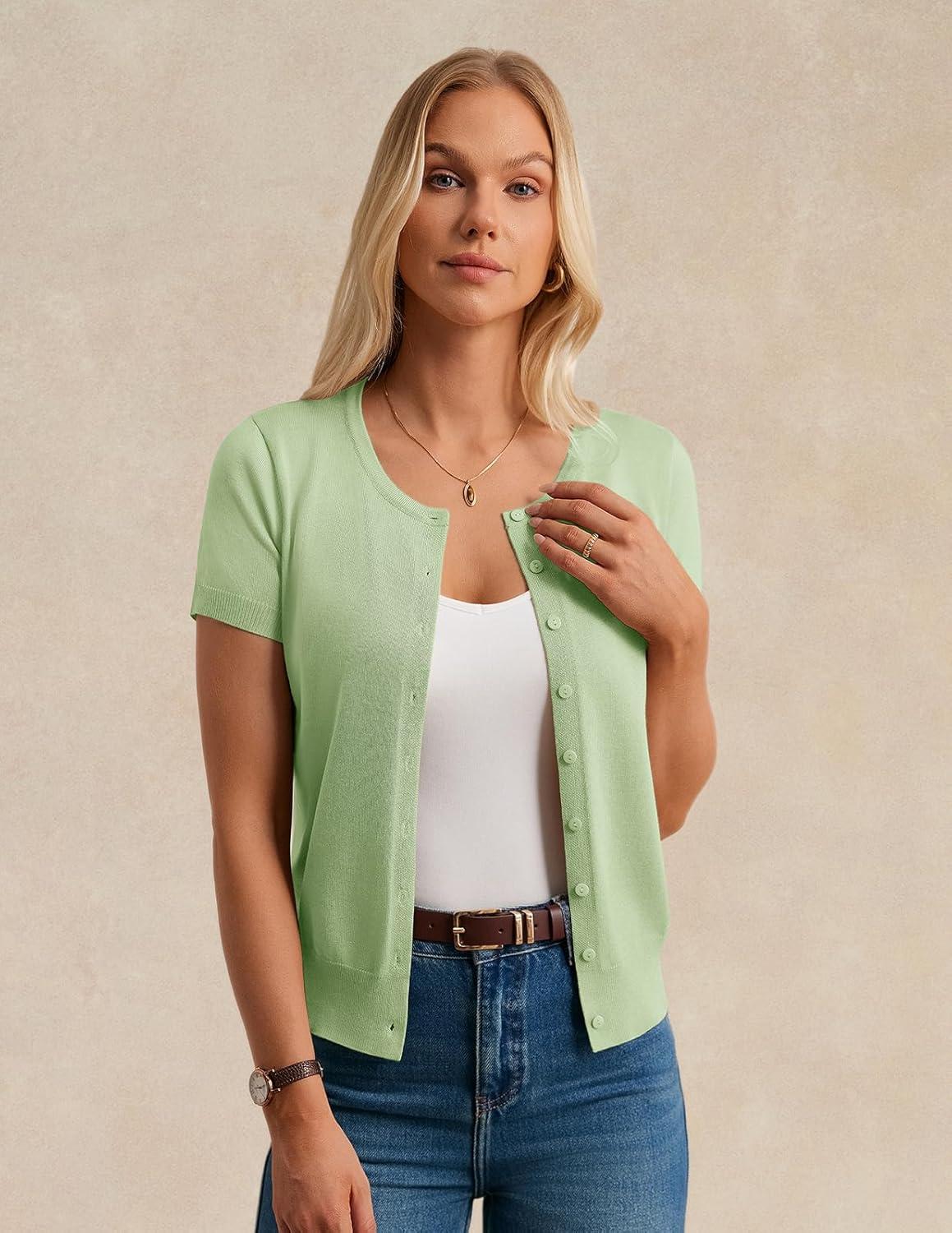 imageGRACE KARIN Short Sleeve Cardigans for Women 2026 Summer Knitted Sweater Tops Basic Crew Neck Crop OutfitsLight Green