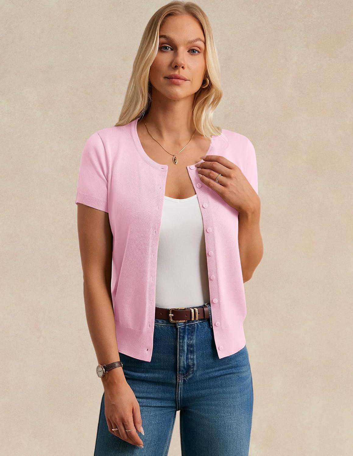 imageGRACE KARIN Short Sleeve Cardigans for Women 2026 Summer Knitted Sweater Tops Basic Crew Neck Crop OutfitsLight Pink