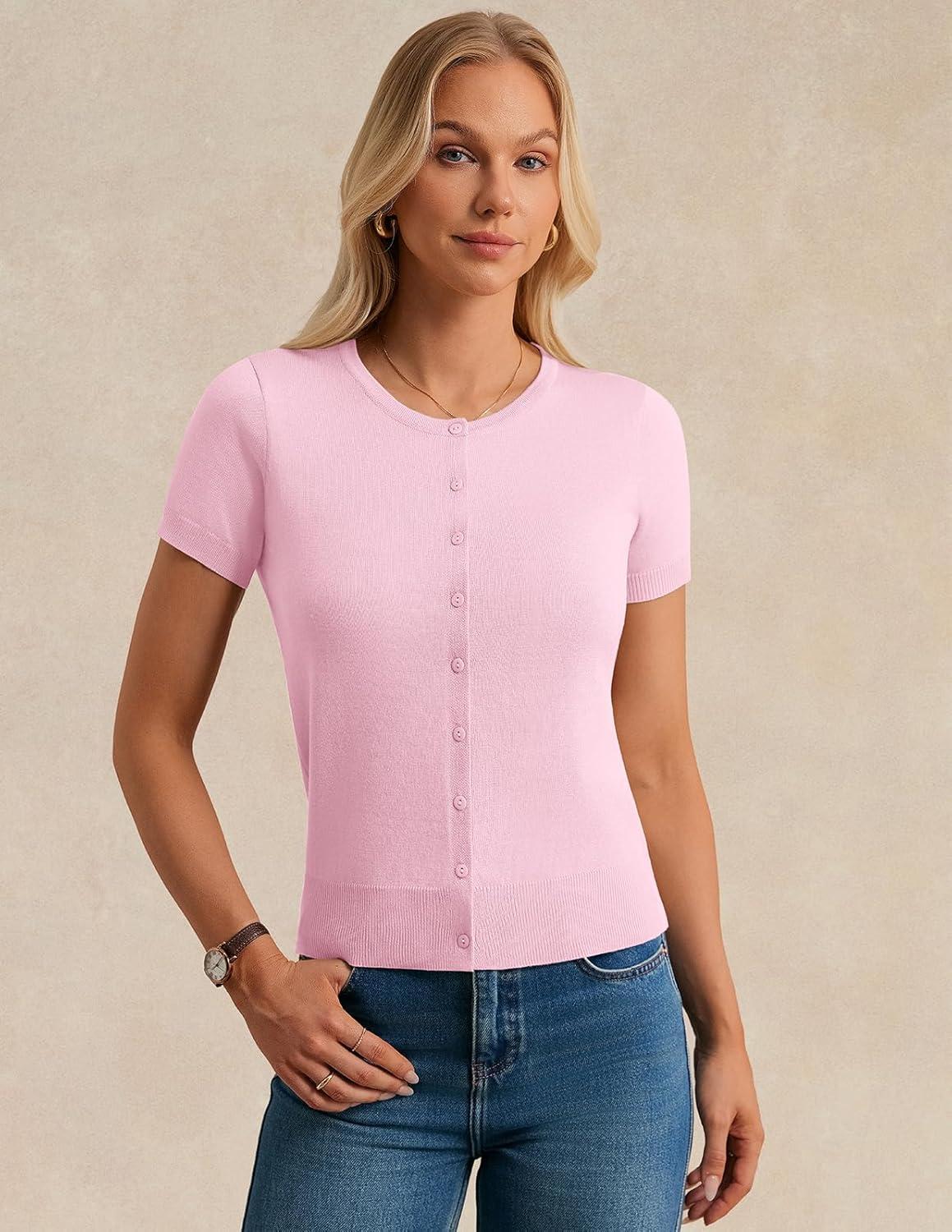 imageGRACE KARIN Short Sleeve Cardigans for Women 2026 Summer Knitted Sweater Tops Basic Crew Neck Crop OutfitsLight Pink