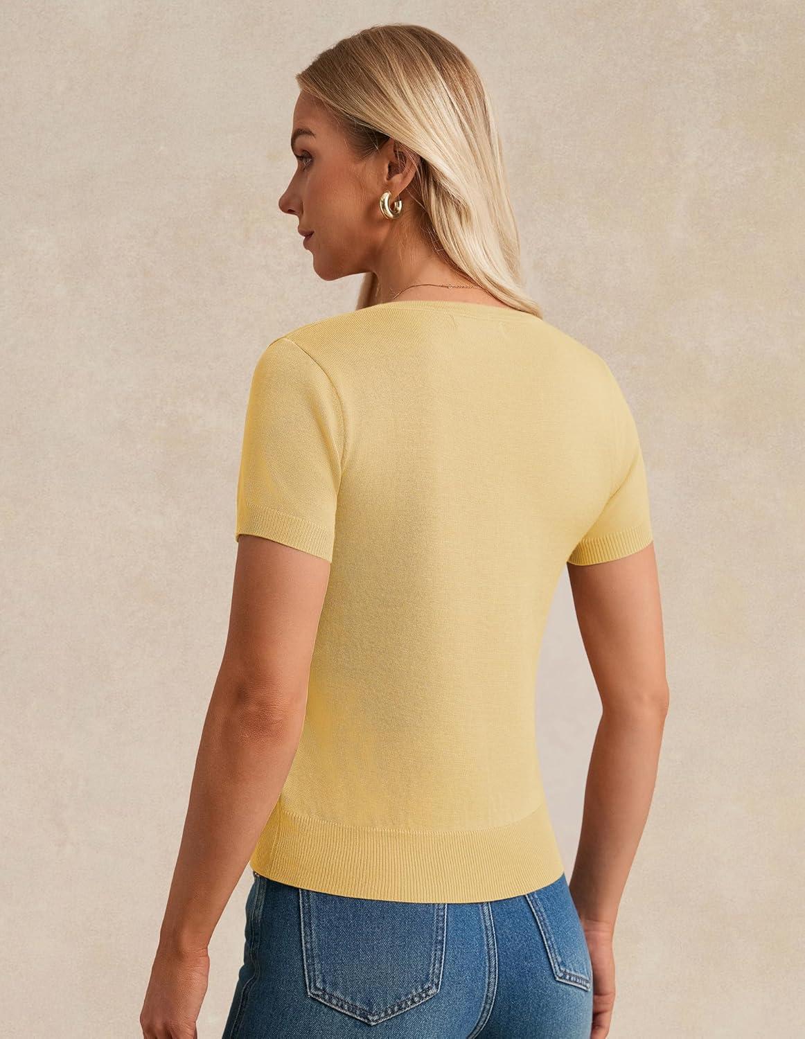 imageGRACE KARIN Short Sleeve Cardigans for Women 2026 Summer Knitted Sweater Tops Basic Crew Neck Crop OutfitsLight Yellow