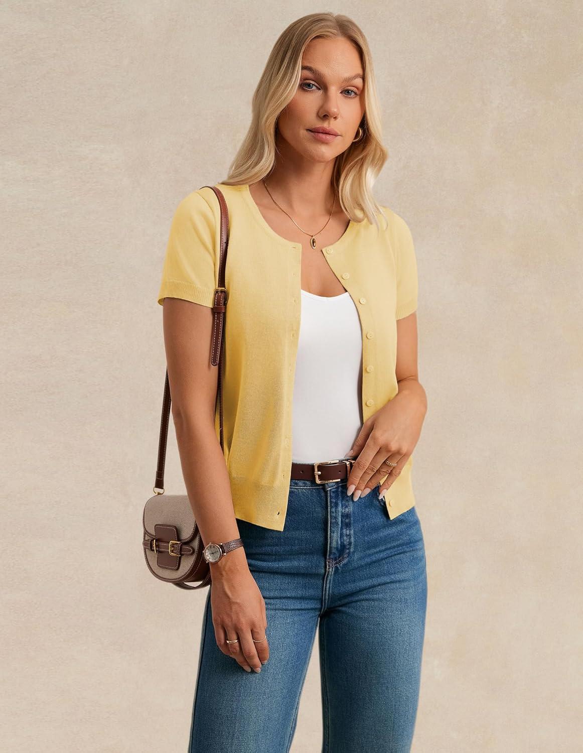 imageGRACE KARIN Short Sleeve Cardigans for Women 2026 Summer Knitted Sweater Tops Basic Crew Neck Crop OutfitsLight Yellow
