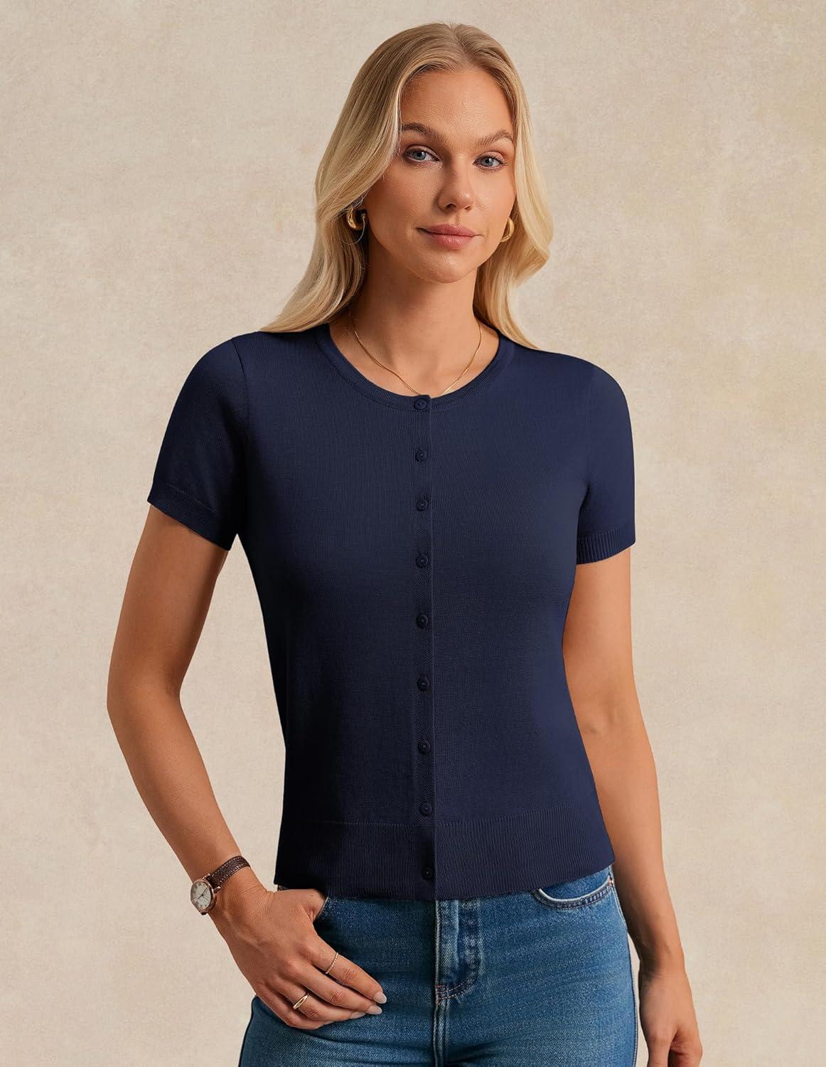 imageGRACE KARIN Short Sleeve Cardigans for Women 2026 Summer Knitted Sweater Tops Basic Crew Neck Crop OutfitsNavy
