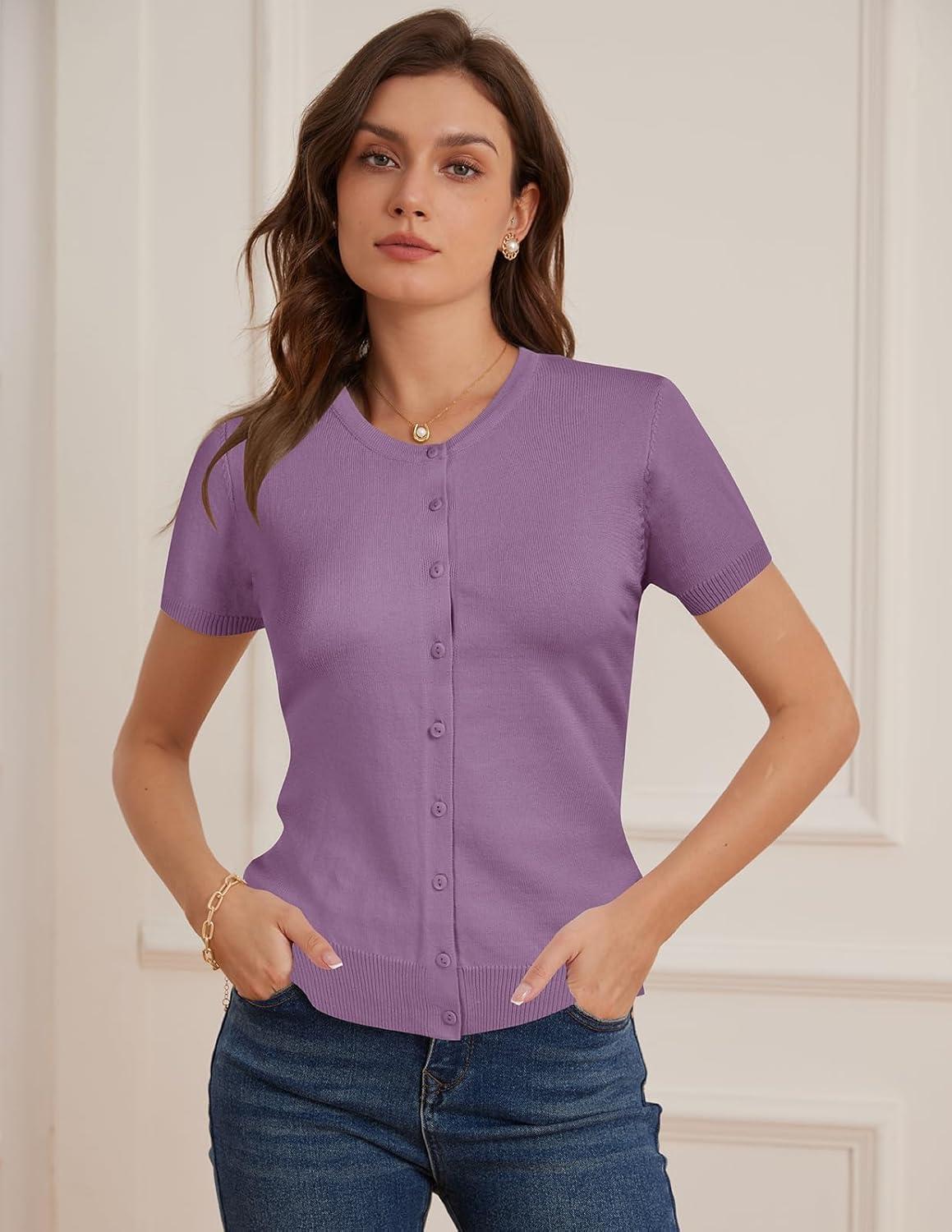 imageGRACE KARIN Short Sleeve Cardigans for Women 2026 Summer Knitted Sweater Tops Basic Crew Neck Crop OutfitsPurple