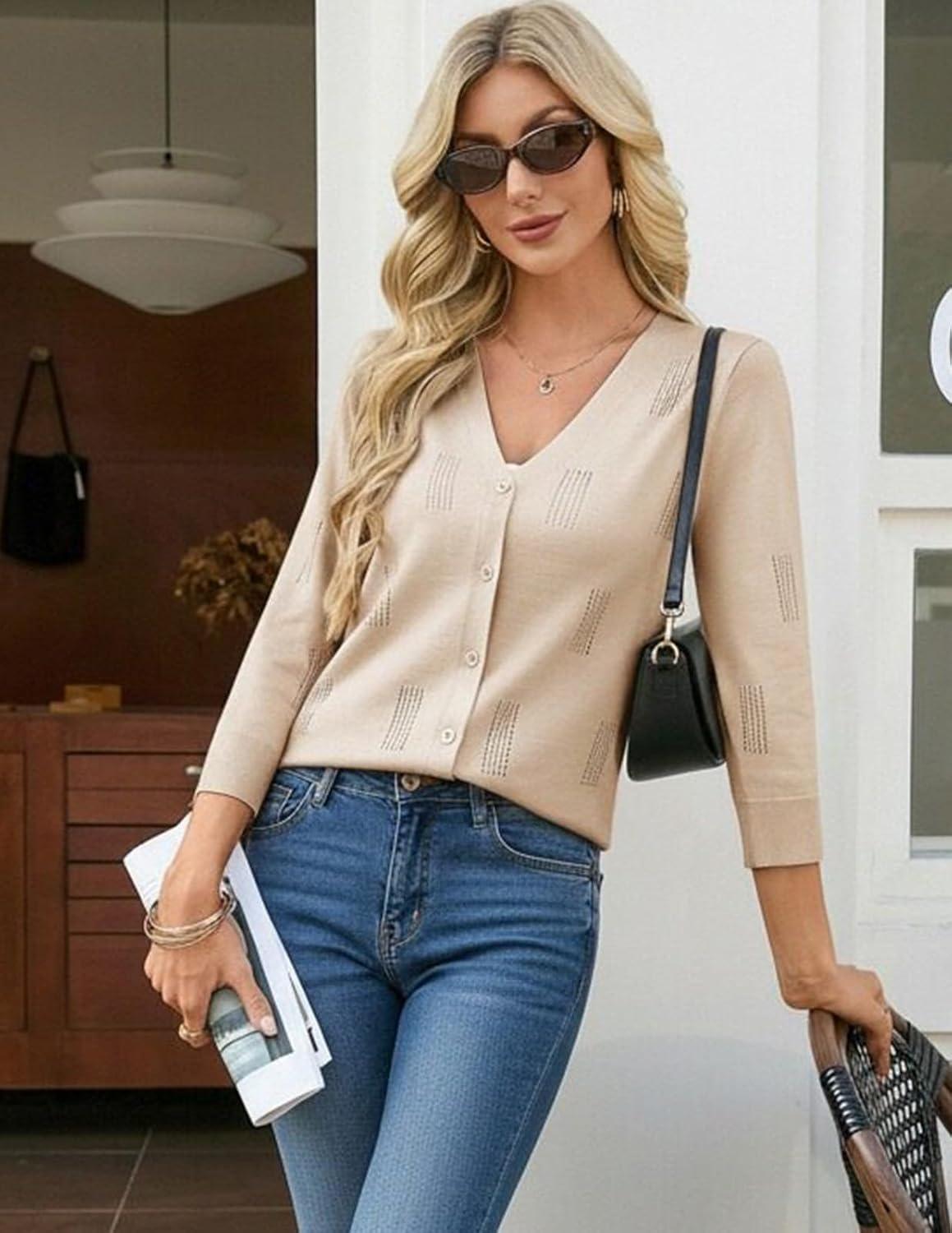 imageGRACE KARIN Women 34 Sleeve Cardigans for Women Lightweight Cardigan Sweaters Spring Open Front Button Down TopsApricotpink