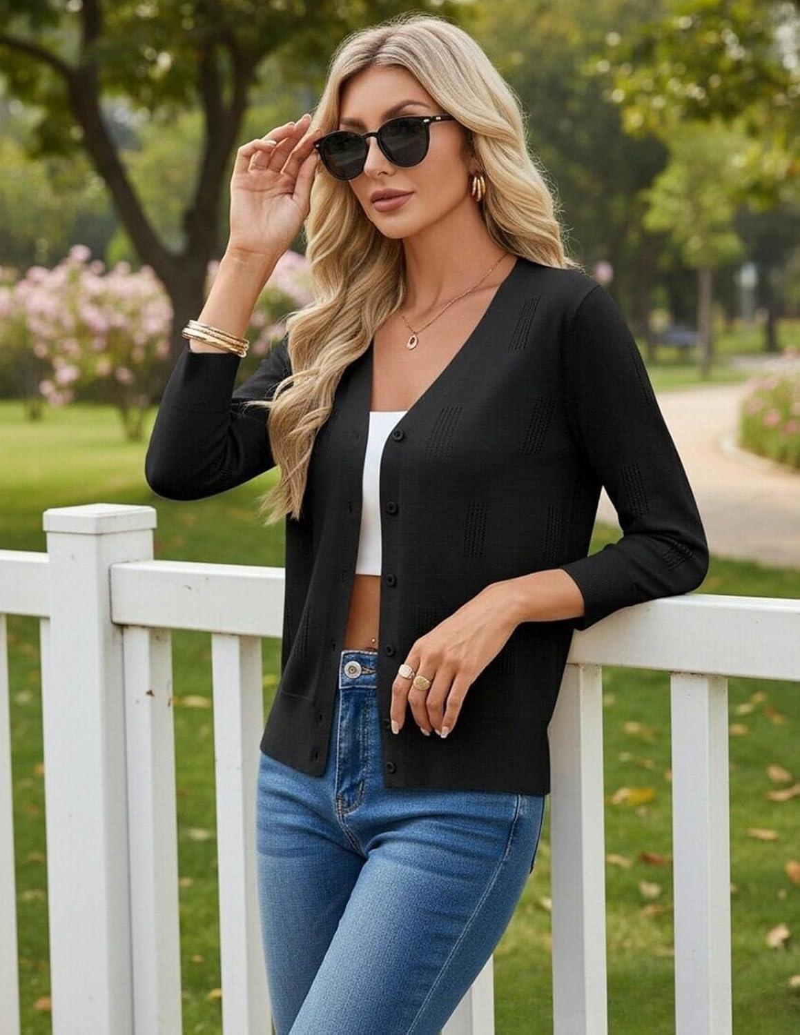 imageGRACE KARIN Women 34 Sleeve Cardigans for Women Lightweight Cardigan Sweaters Spring Open Front Button Down TopsBlack