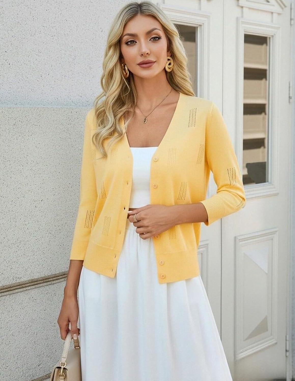 imageGRACE KARIN Women 34 Sleeve Cardigans for Women Lightweight Cardigan Sweaters Spring Open Front Button Down TopsButter Yellow