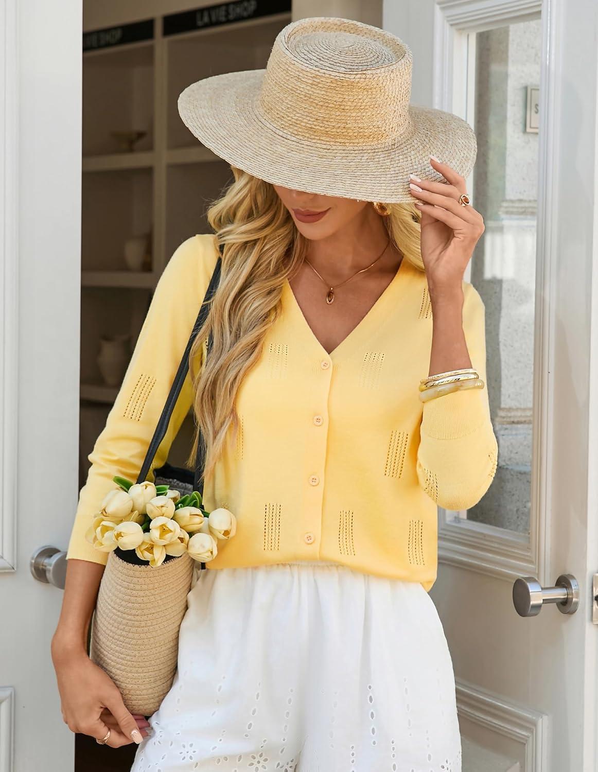 imageGRACE KARIN Women 34 Sleeve Cardigans for Women Lightweight Cardigan Sweaters Spring Open Front Button Down TopsButter Yellow