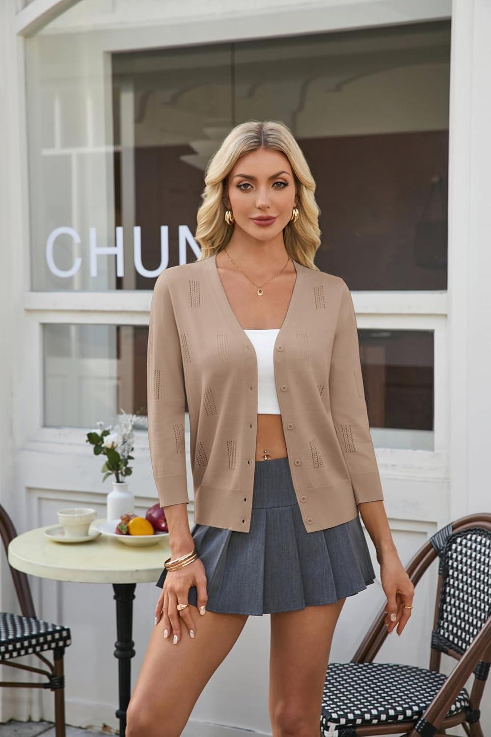 imageGRACE KARIN Women 34 Sleeve Cardigans for Women Lightweight Cardigan Sweaters Spring Open Front Button Down TopsKhaki
