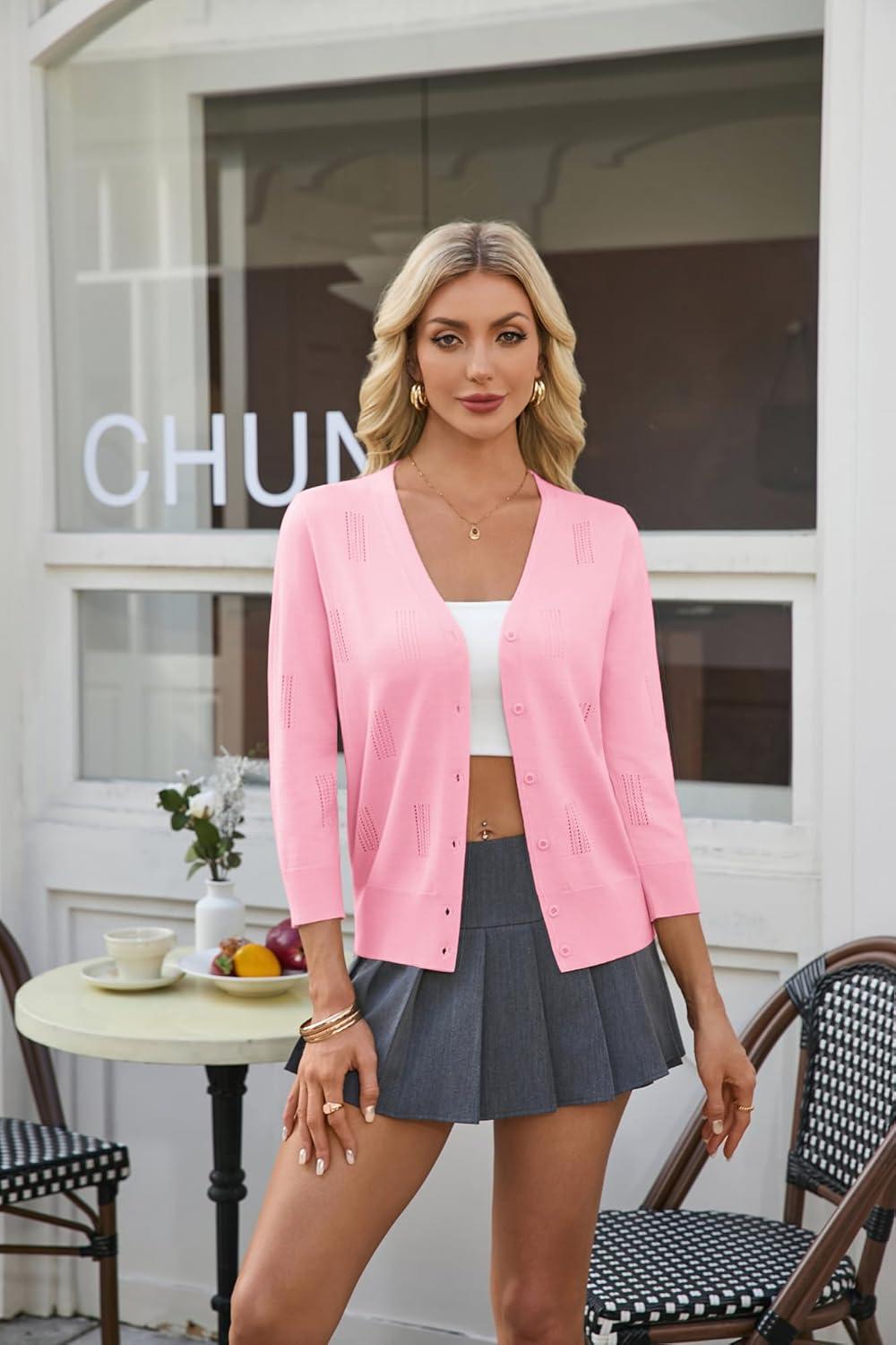 imageGRACE KARIN Women 34 Sleeve Cardigans for Women Lightweight Cardigan Sweaters Spring Open Front Button Down TopsLight Pink