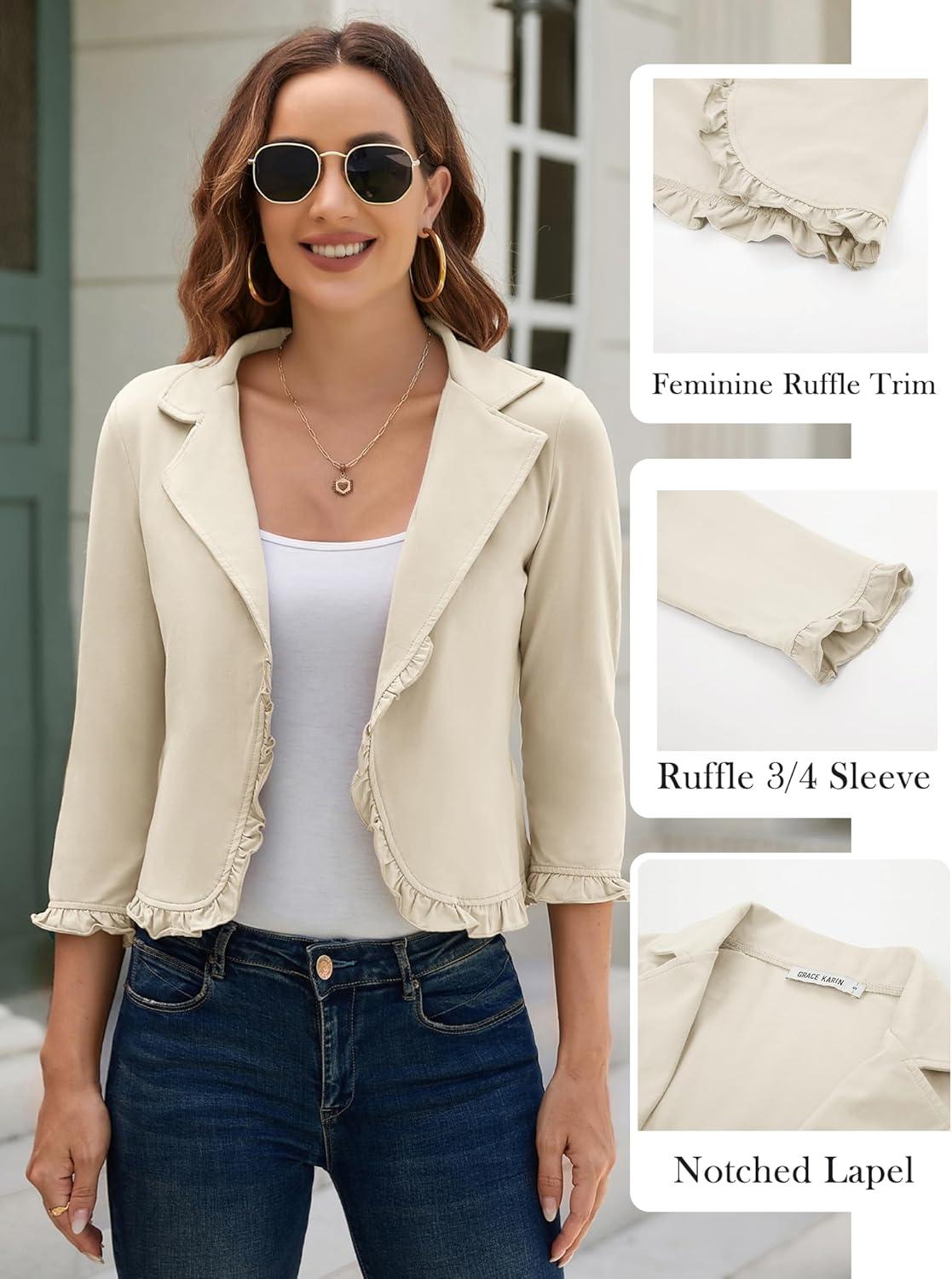 imageGRACE KARIN Women 34 Sleeve Cropped Blazer Lightweight Open Front Cotton Cardigan Jacket for Business Casual WorkApricot