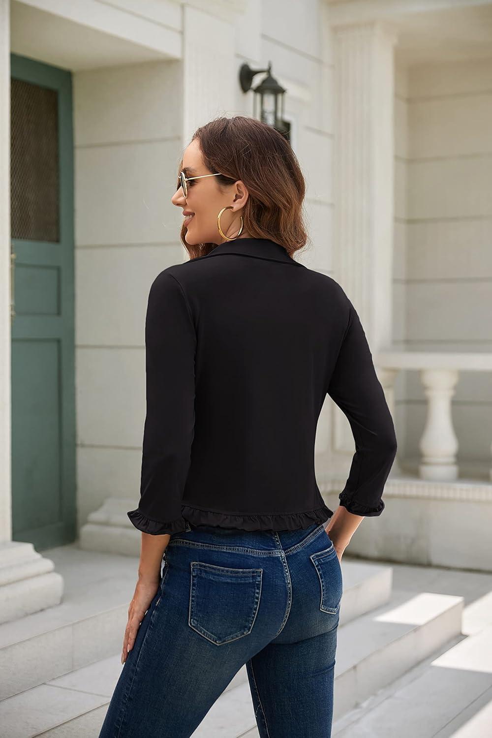 imageGRACE KARIN Women 34 Sleeve Cropped Blazer Lightweight Open Front Cotton Cardigan Jacket for Business Casual WorkBlack