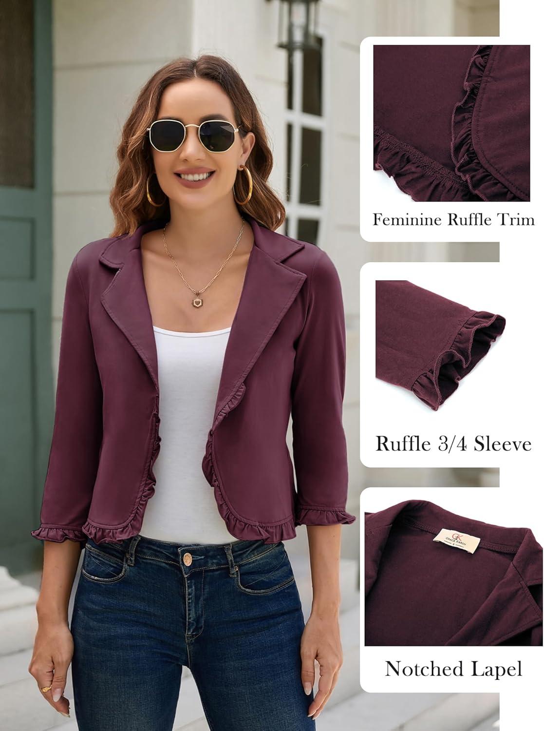 imageGRACE KARIN Women 34 Sleeve Cropped Blazer Lightweight Open Front Cotton Cardigan Jacket for Business Casual WorkBurgundy