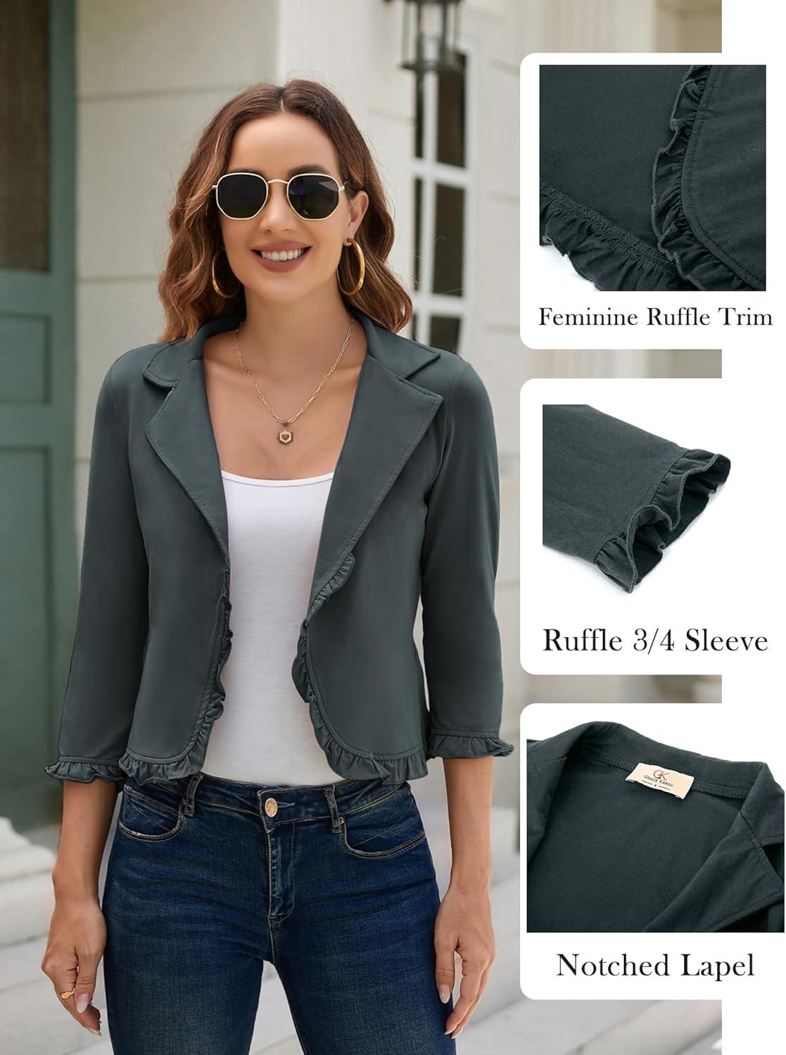 imageGRACE KARIN Women 34 Sleeve Cropped Blazer Lightweight Open Front Cotton Cardigan Jacket for Business Casual WorkDark Gray