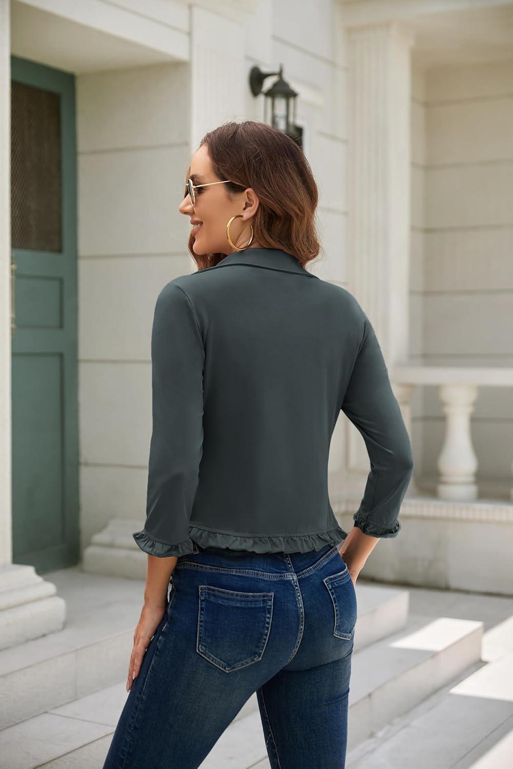 imageGRACE KARIN Women 34 Sleeve Cropped Blazer Lightweight Open Front Cotton Cardigan Jacket for Business Casual WorkDark Gray