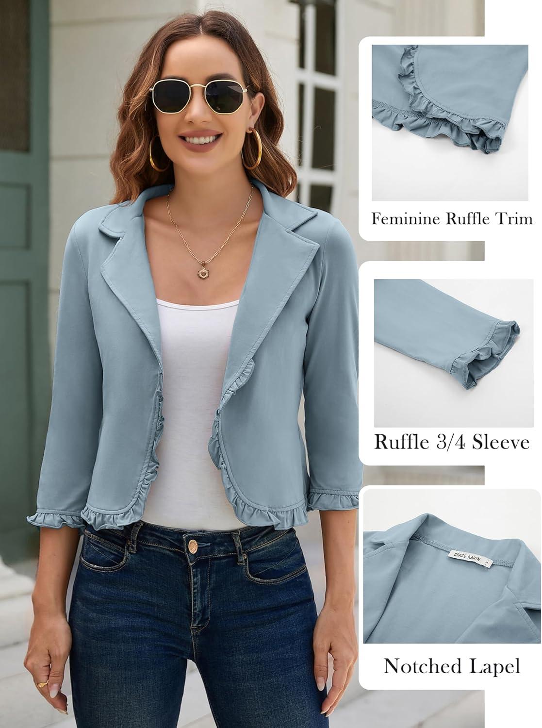 imageGRACE KARIN Women 34 Sleeve Cropped Blazer Lightweight Open Front Cotton Cardigan Jacket for Business Casual WorkGray Blue