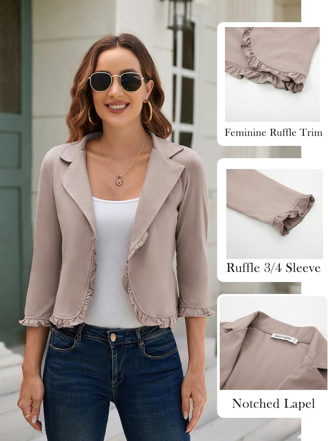 imageGRACE KARIN Women 34 Sleeve Cropped Blazer Lightweight Open Front Cotton Cardigan Jacket for Business Casual WorkGray Pink