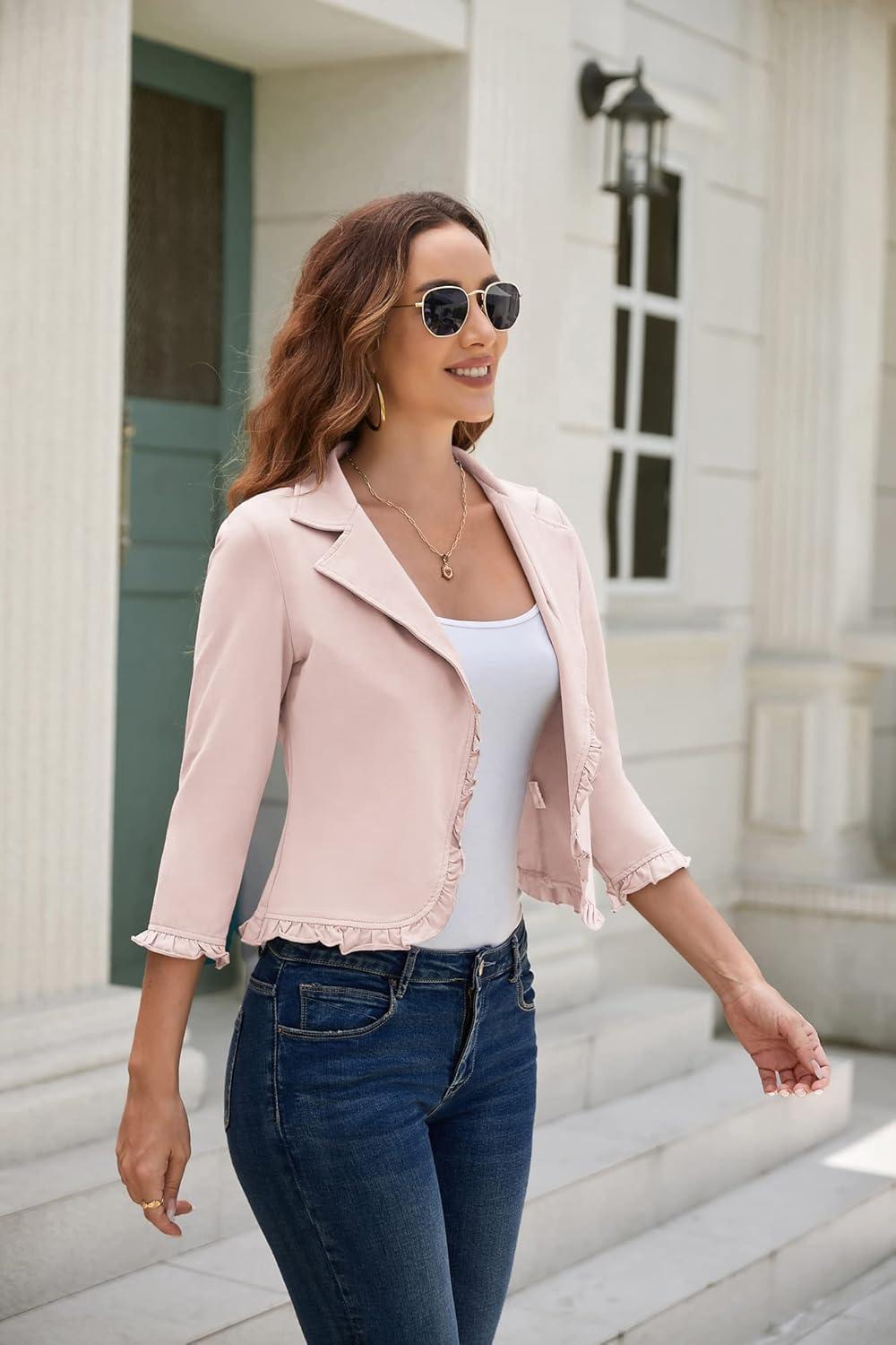 imageGRACE KARIN Women 34 Sleeve Cropped Blazer Lightweight Open Front Cotton Cardigan Jacket for Business Casual WorkLight Pink