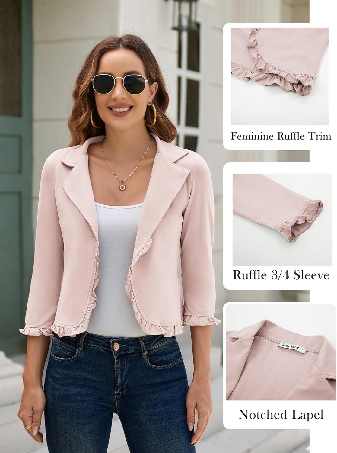 imageGRACE KARIN Women 34 Sleeve Cropped Blazer Lightweight Open Front Cotton Cardigan Jacket for Business Casual WorkLight Pink