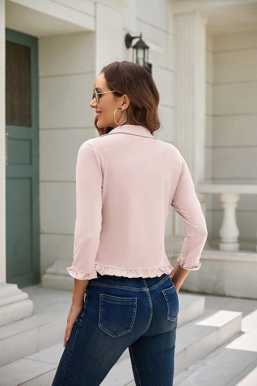 imageGRACE KARIN Women 34 Sleeve Cropped Blazer Lightweight Open Front Cotton Cardigan Jacket for Business Casual WorkLight Pink
