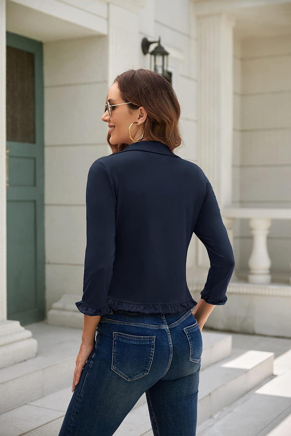 imageGRACE KARIN Women 34 Sleeve Cropped Blazer Lightweight Open Front Cotton Cardigan Jacket for Business Casual WorkNavy