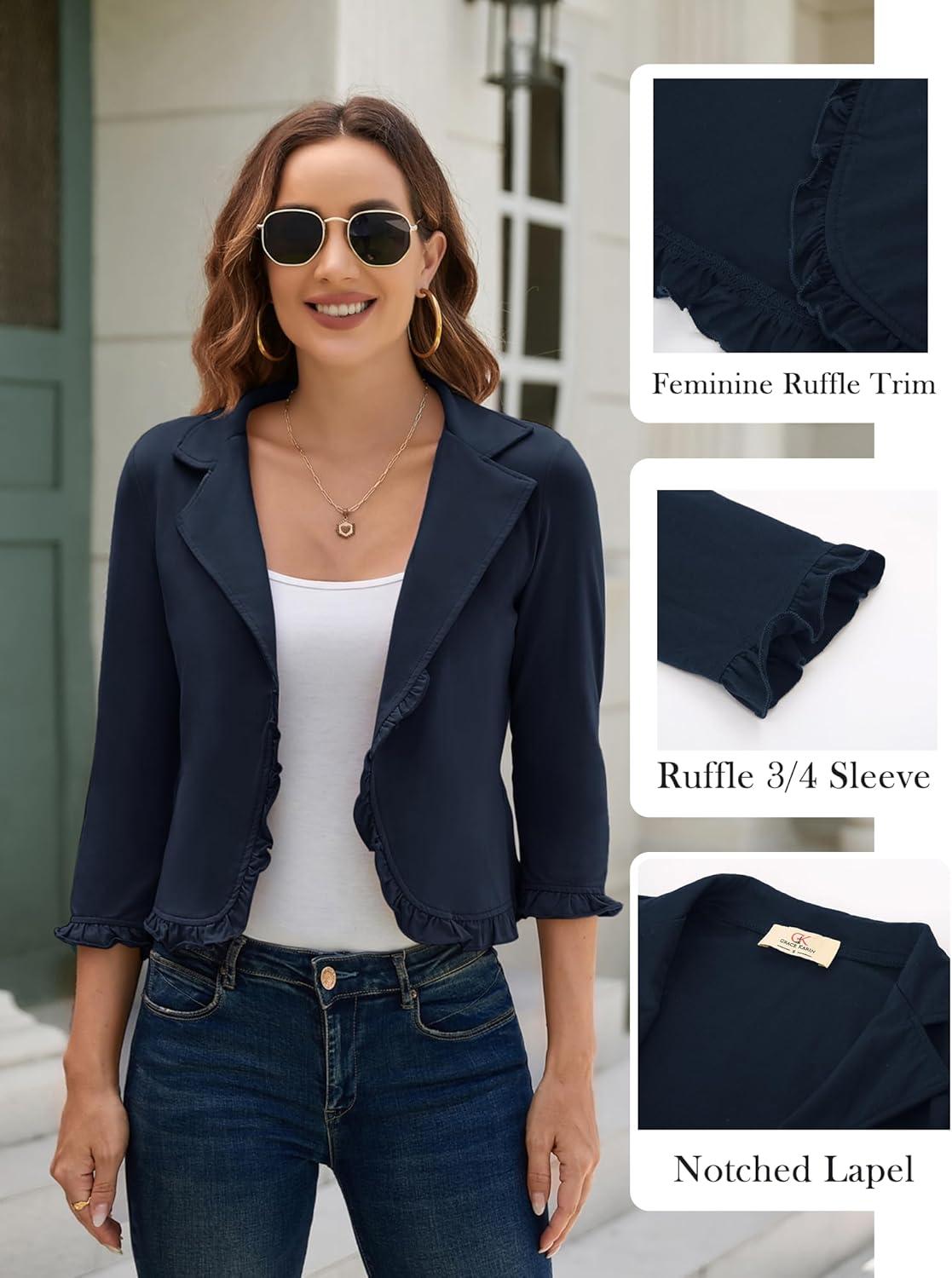 imageGRACE KARIN Women 34 Sleeve Cropped Blazer Lightweight Open Front Cotton Cardigan Jacket for Business Casual WorkNavy
