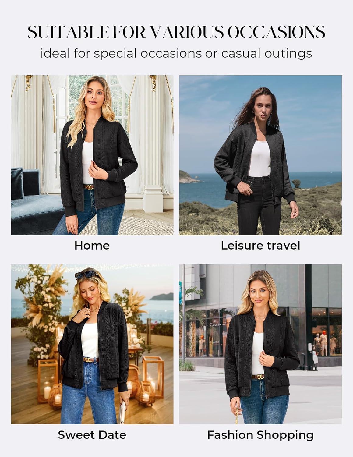 imageGRACE KARIN Women Casual Jacket Stand Collar Zip Up Lightweight Fall Fashion Bomber Coats Outfits with PocketsBlack