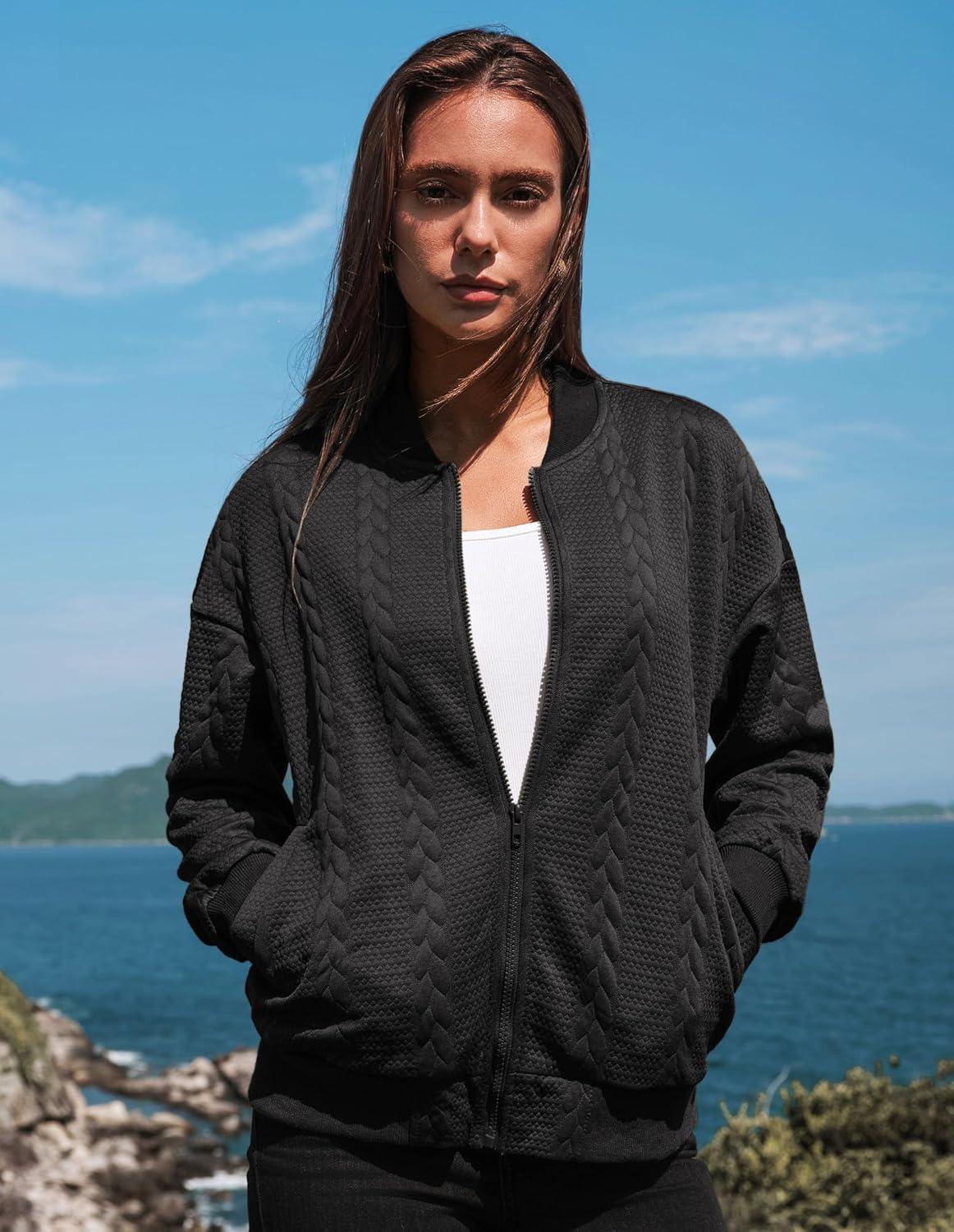 imageGRACE KARIN Women Casual Jacket Stand Collar Zip Up Lightweight Fall Fashion Bomber Coats Outfits with PocketsBlack
