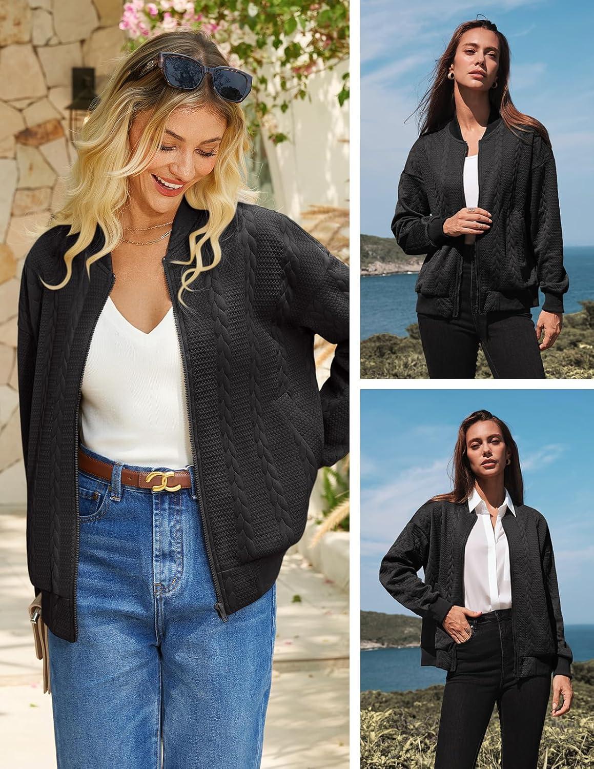 imageGRACE KARIN Women Casual Jacket Stand Collar Zip Up Lightweight Fall Fashion Bomber Coats Outfits with PocketsBlack