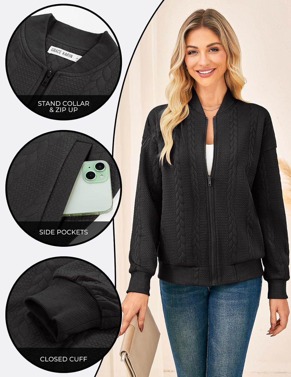 imageGRACE KARIN Women Casual Jacket Stand Collar Zip Up Lightweight Fall Fashion Bomber Coats Outfits with PocketsBlack