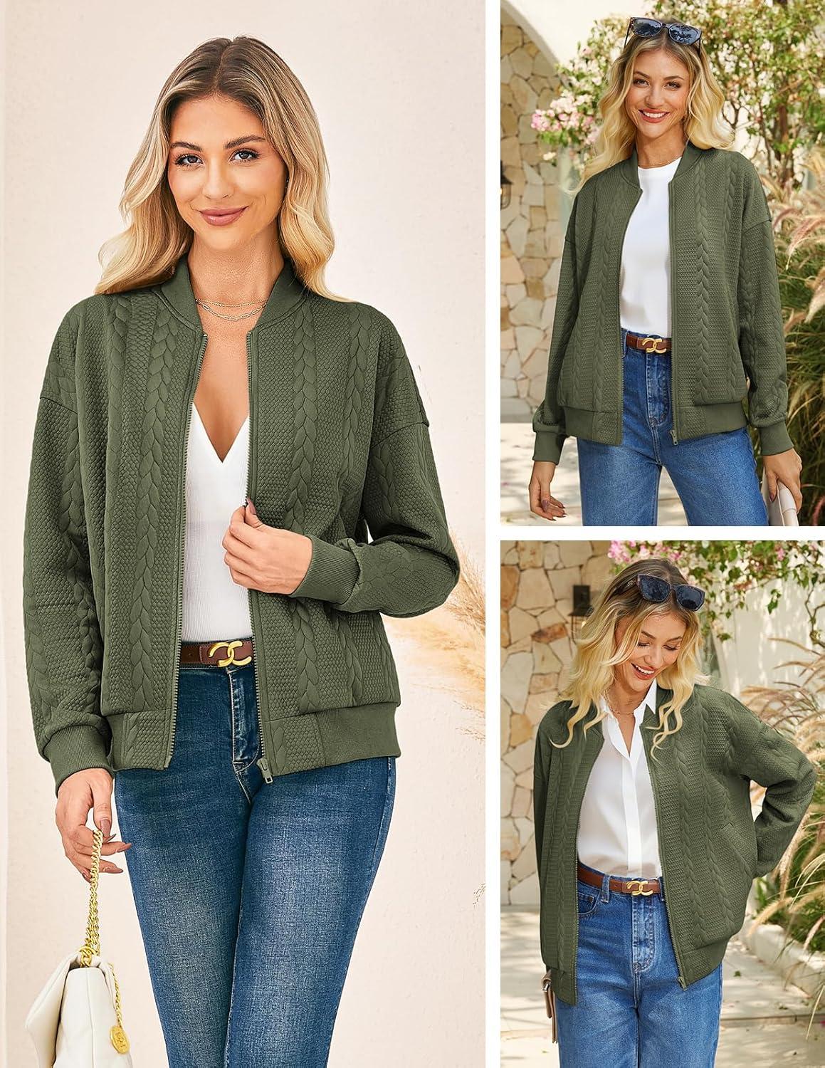 imageGRACE KARIN Women Casual Jacket Stand Collar Zip Up Lightweight Fall Fashion Bomber Coats Outfits with PocketsGreen