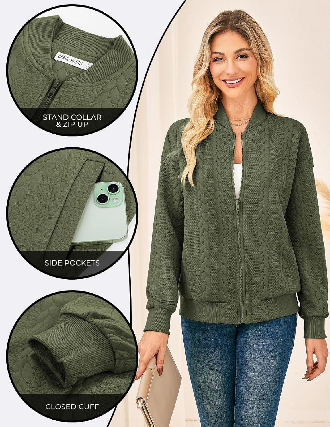 imageGRACE KARIN Women Casual Jacket Stand Collar Zip Up Lightweight Fall Fashion Bomber Coats Outfits with PocketsGreen