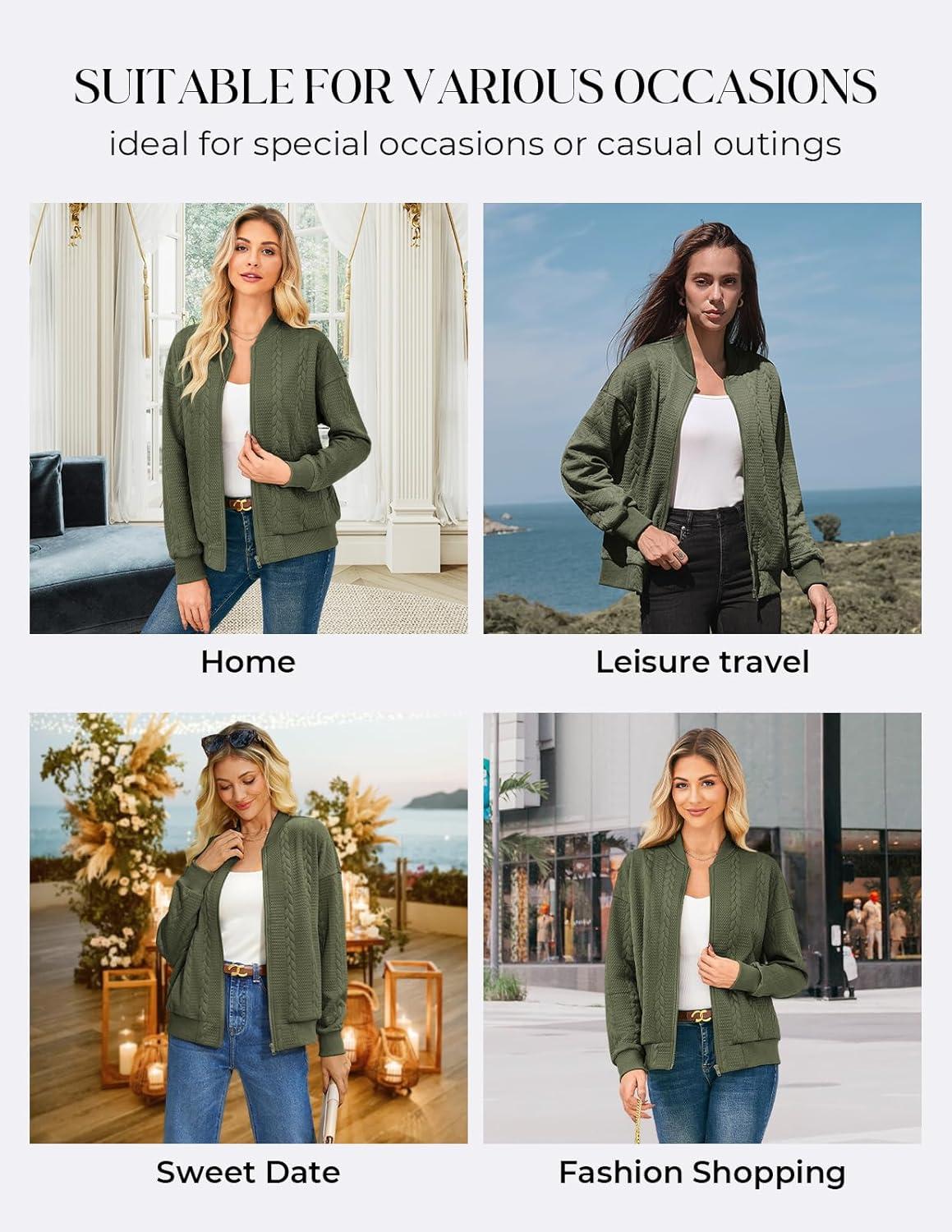imageGRACE KARIN Women Casual Jacket Stand Collar Zip Up Lightweight Fall Fashion Bomber Coats Outfits with PocketsGreen