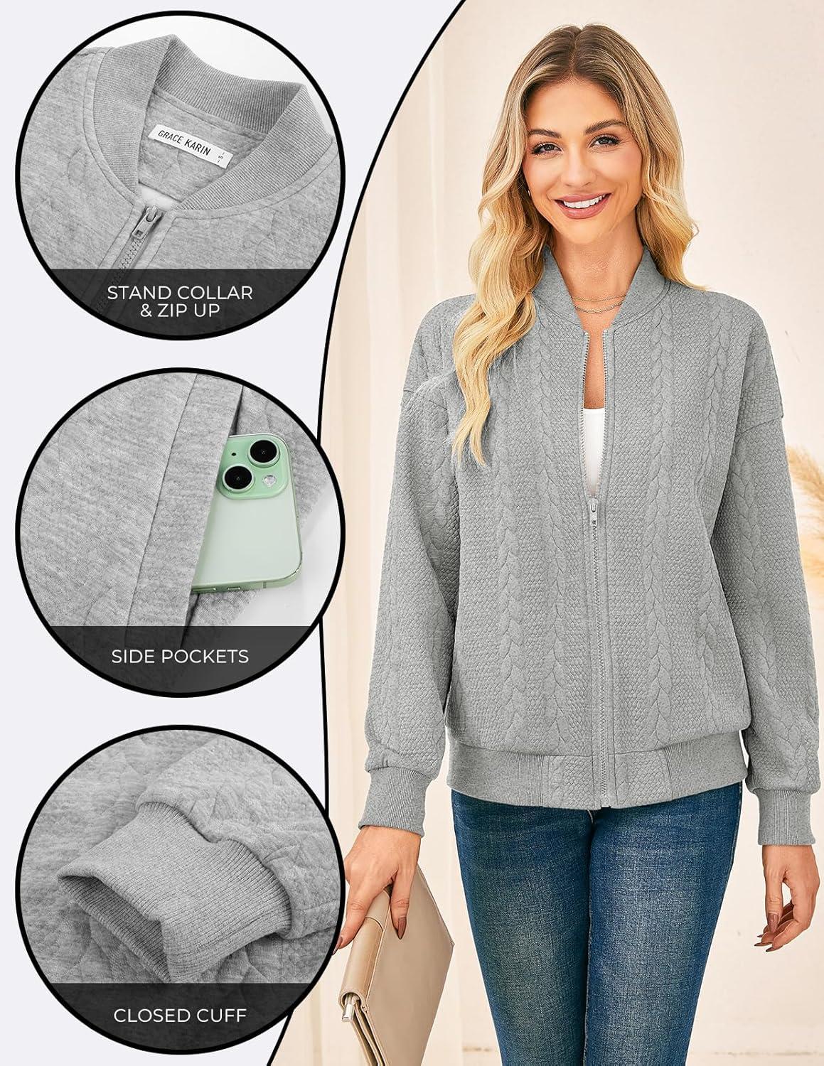 imageGRACE KARIN Women Casual Jacket Stand Collar Zip Up Lightweight Fall Fashion Bomber Coats Outfits with PocketsGrey